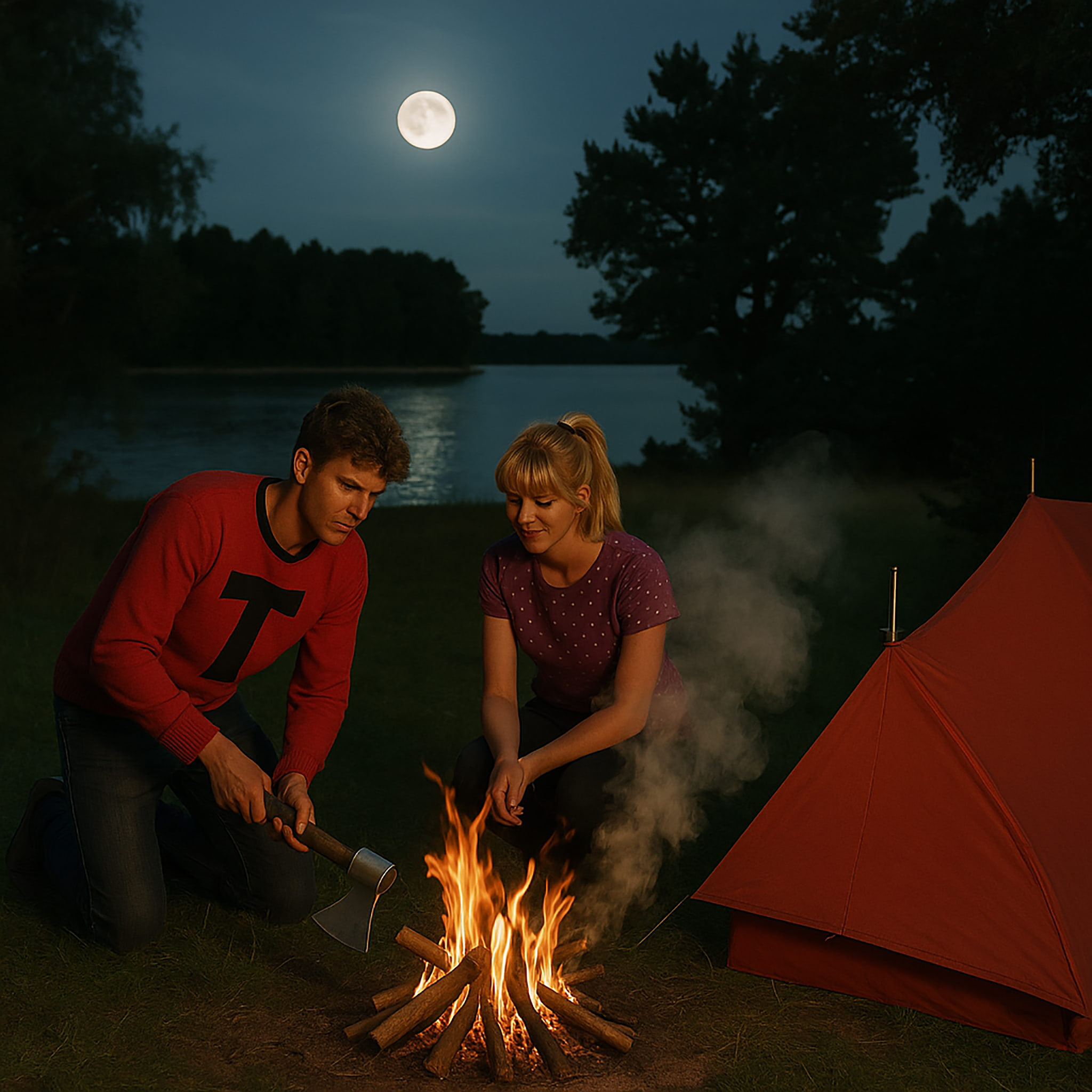 A man and woman camping by a lake, sitting near a campfire under a full moon.