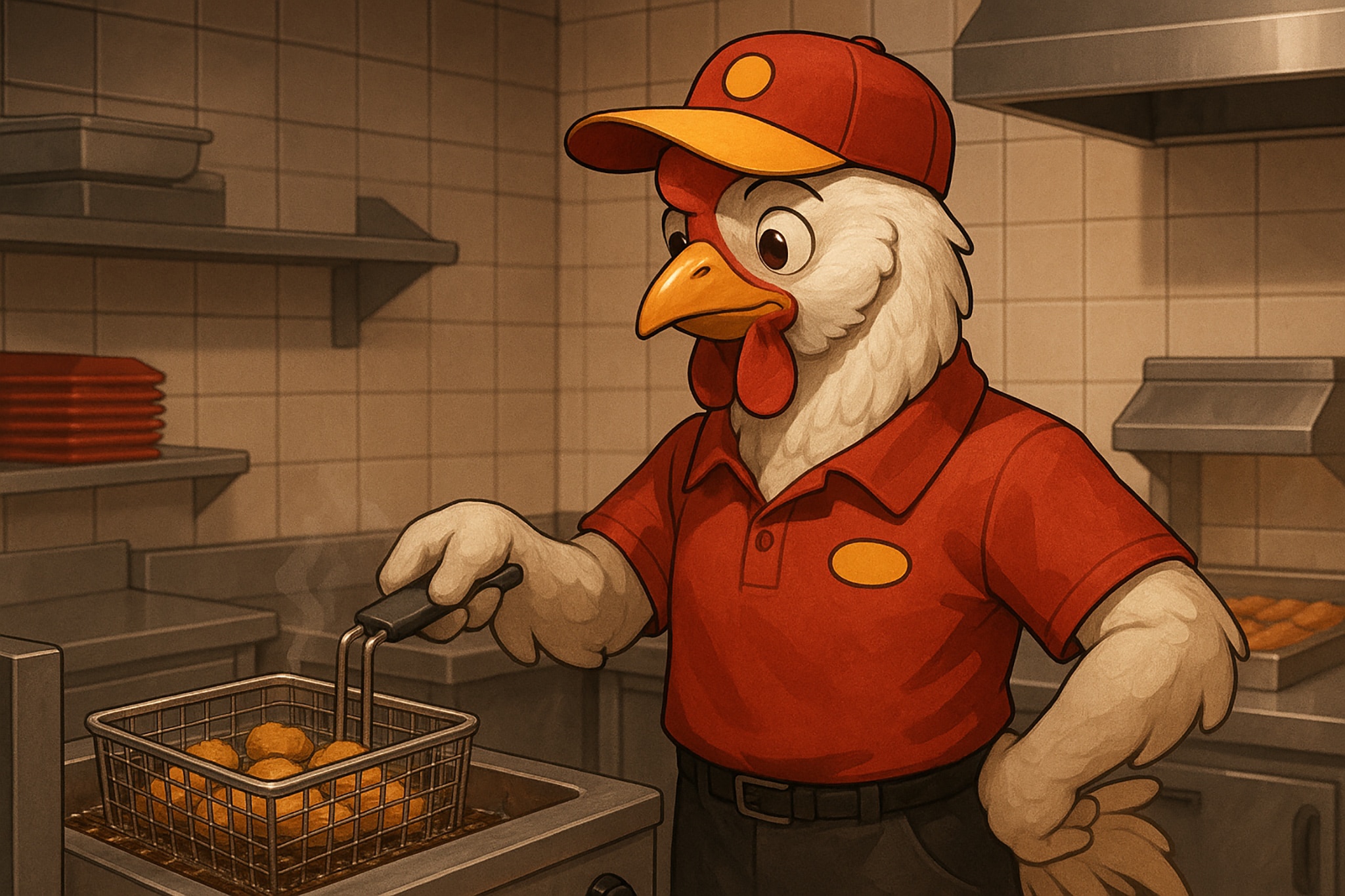 Cartoon chicken wearing a hat and uniform frying food in a basket. The food is golden brown, the background is a kitchen.