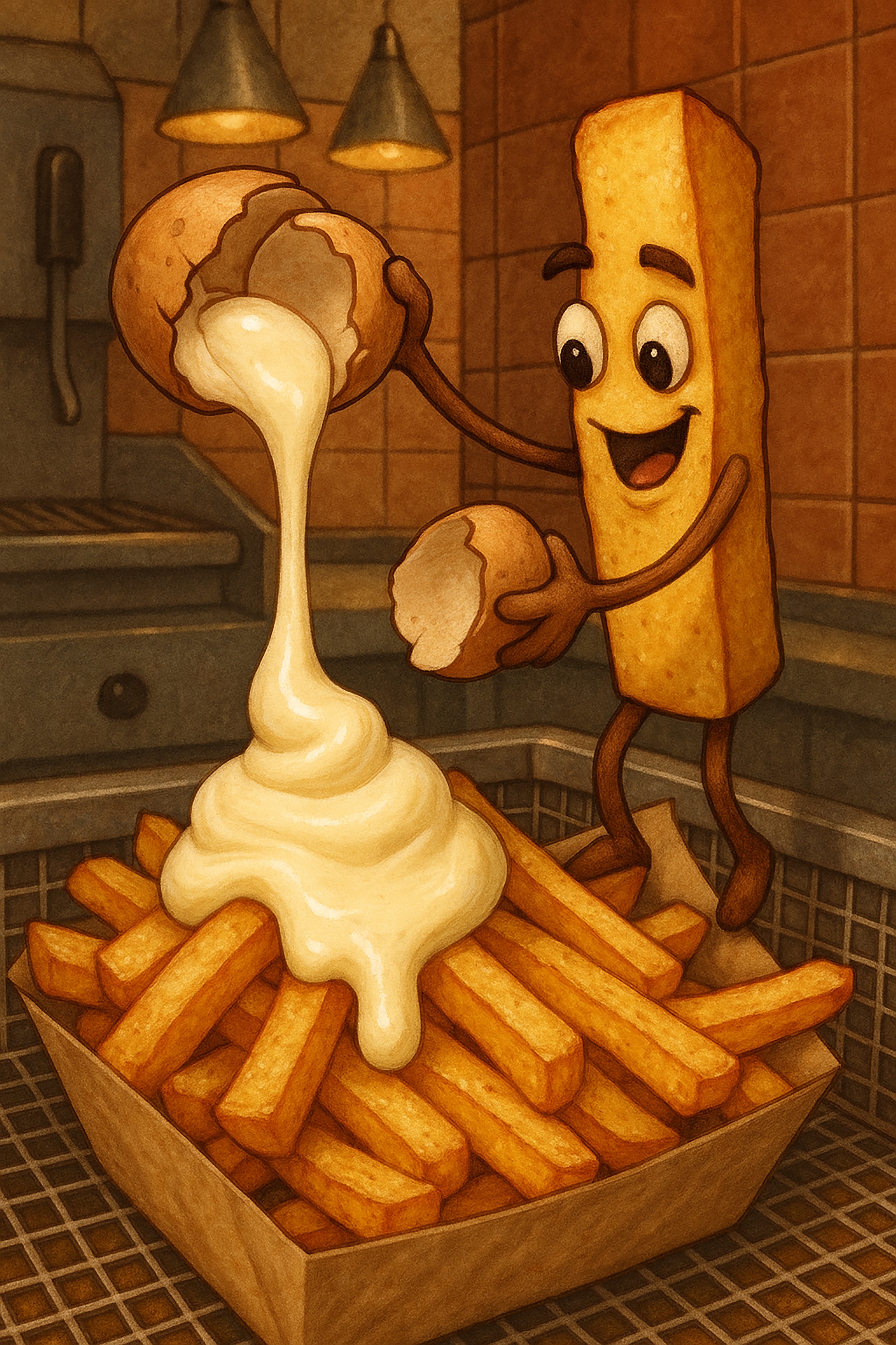 Cartoon illustration of a french fry pouring sauce from a broken egg onto a box of french fries. The french fry has arms, legs, and eyes.