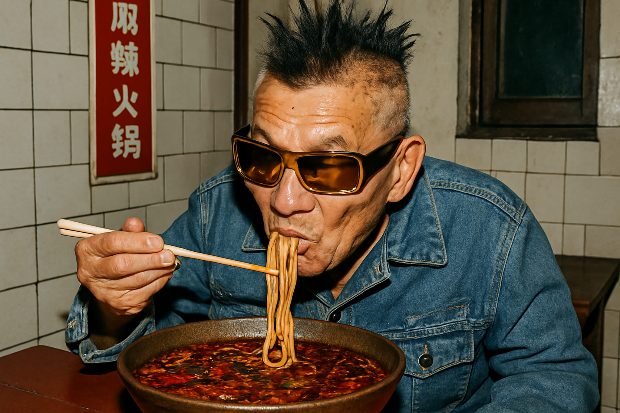 A man with a mohawk and sunglasses eating noodles from a bowl of hot pot with chopsticks. A sign with Chinese characters is visible.