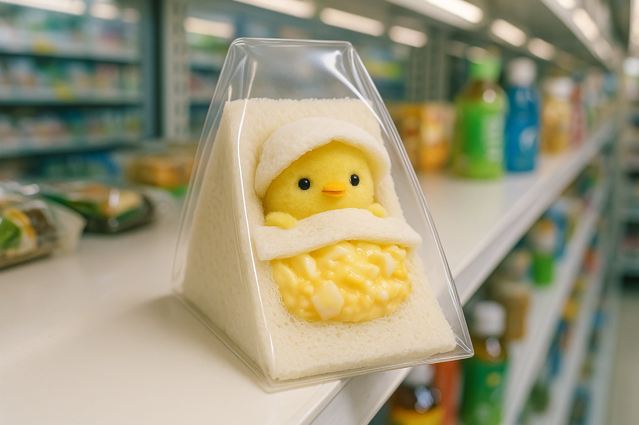 A novelty egg salad sandwich in the shape of a chick. The chick is yellow and appears to be nestled in the sandwich.