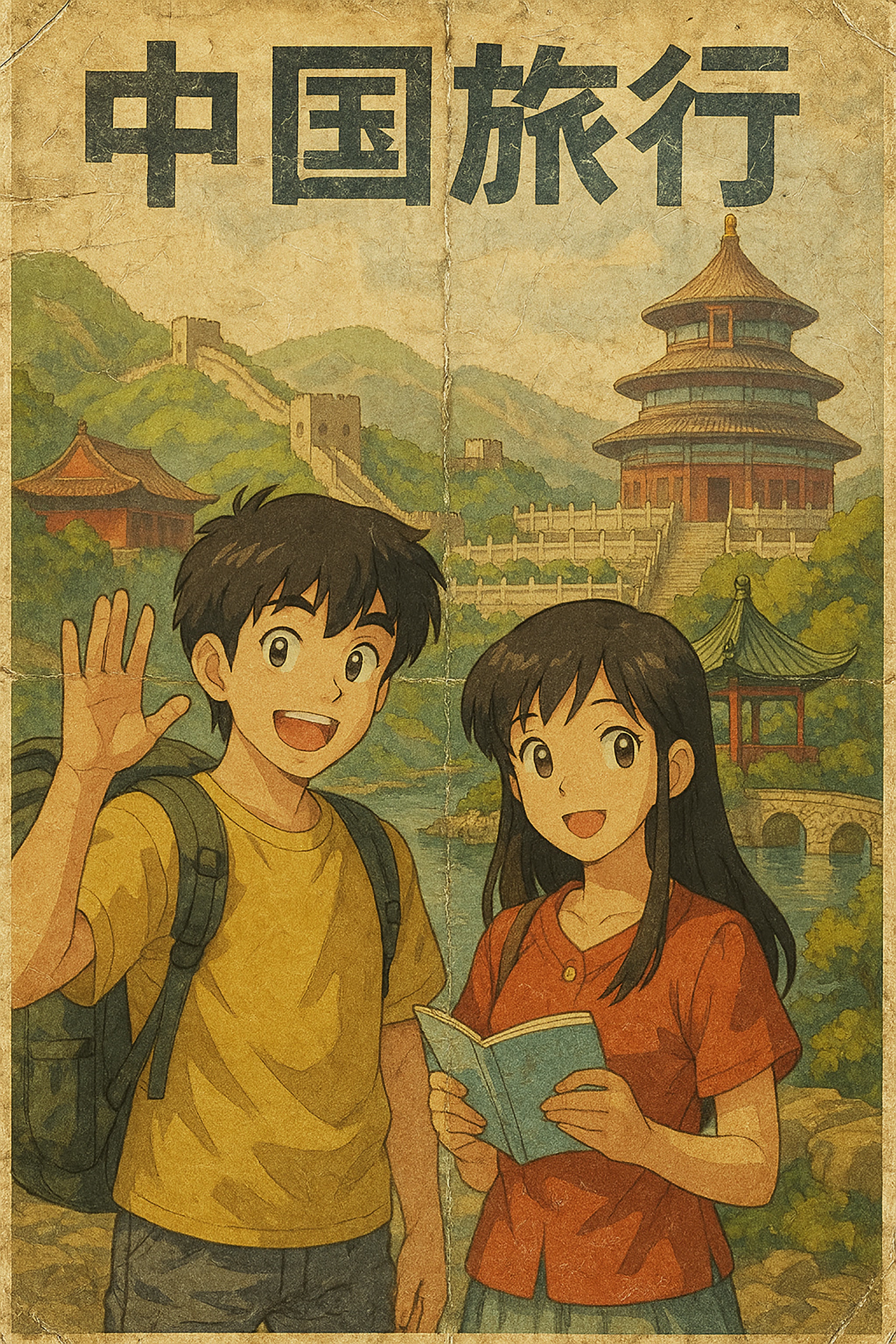 Anime-style image with a smiling couple in front of Chinese landmarks. The man has a backpack, waving, while the woman holds a book. The Great Wall is in background.