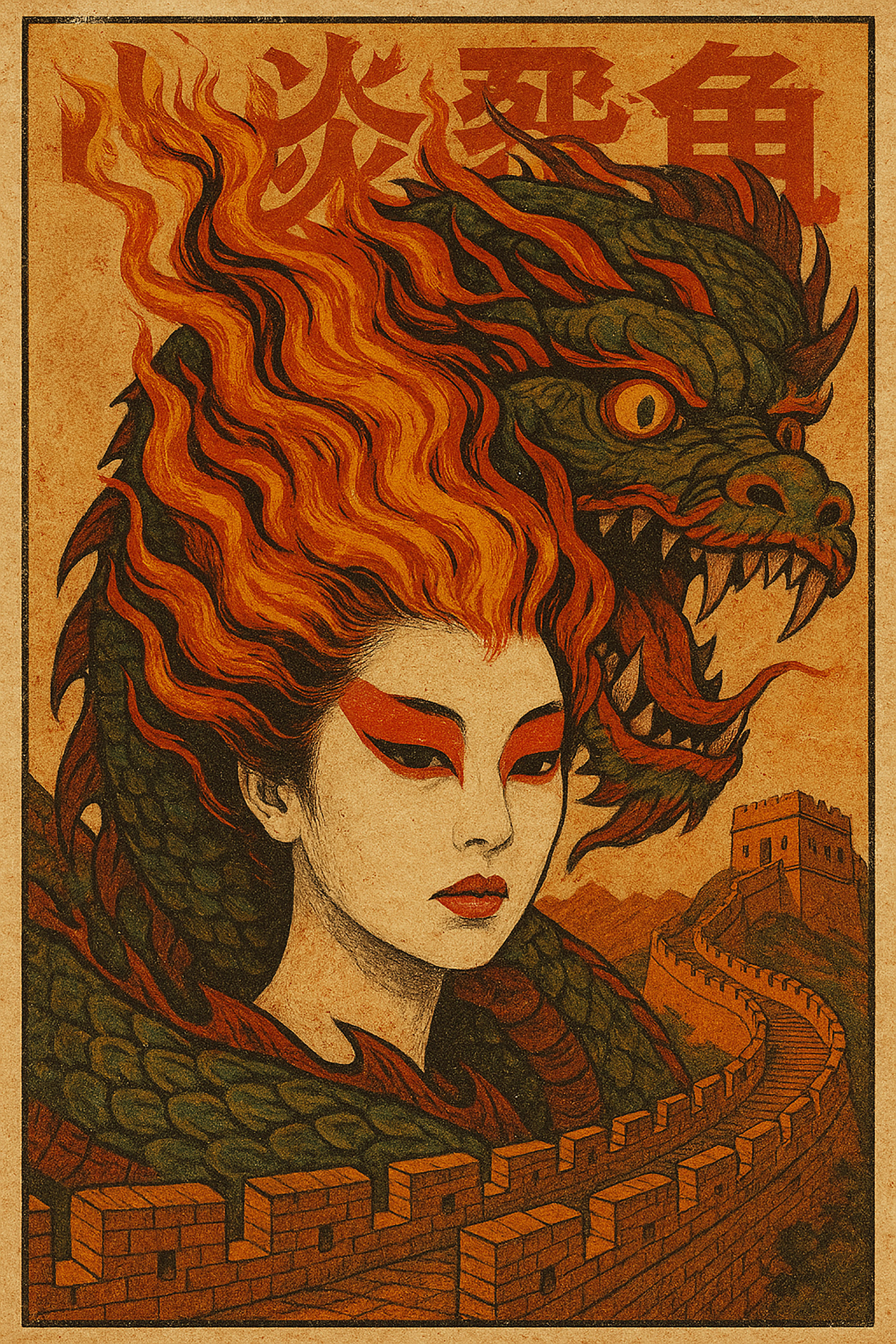Illustration of a woman with red makeup and fiery hair, a dragon, the Great Wall, and Chinese characters.