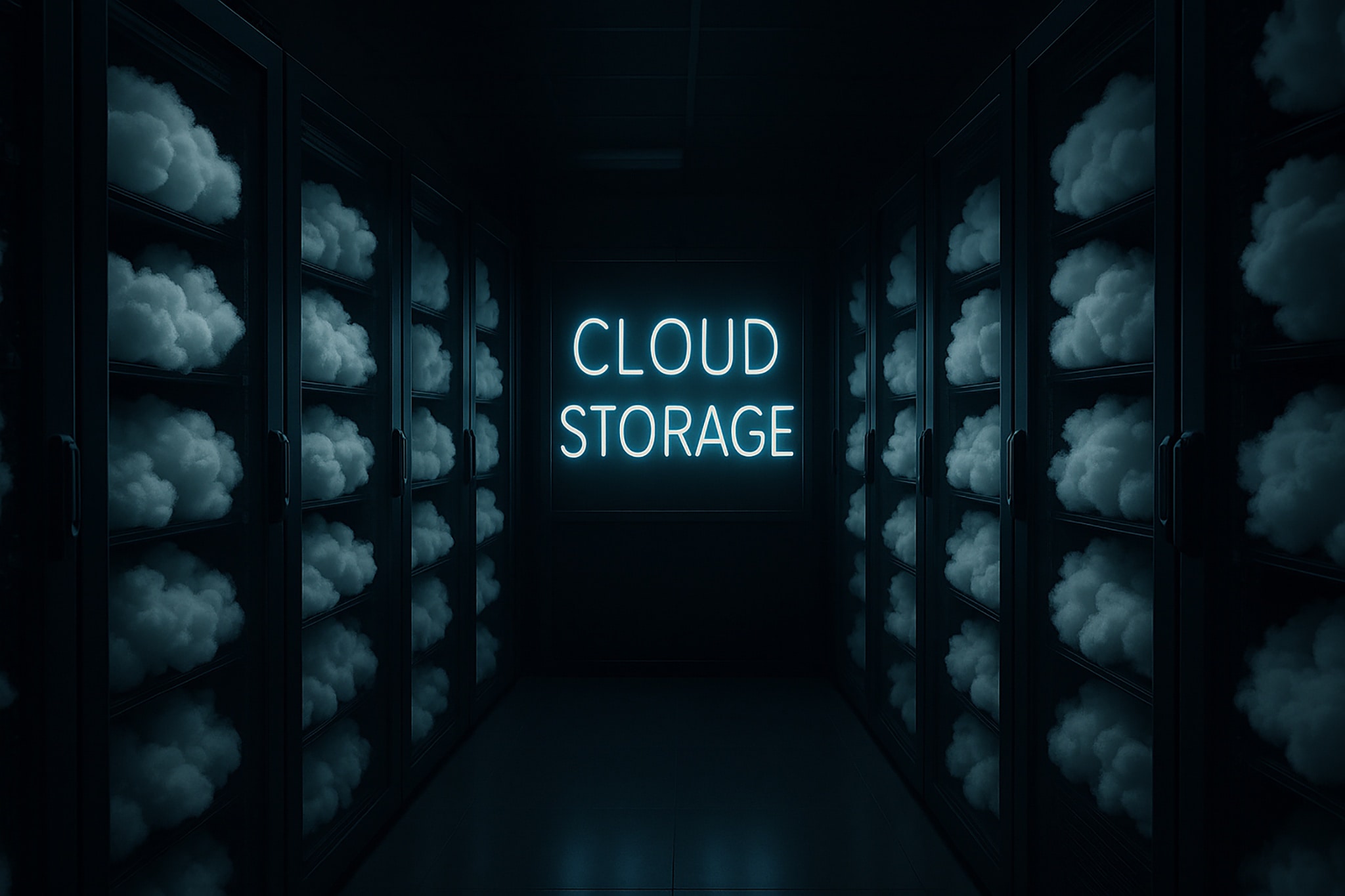 A dark, server room with rows of cabinets filled with cloud-shaped objects. A 'CLOUD STORAGE' neon sign illuminates the center.