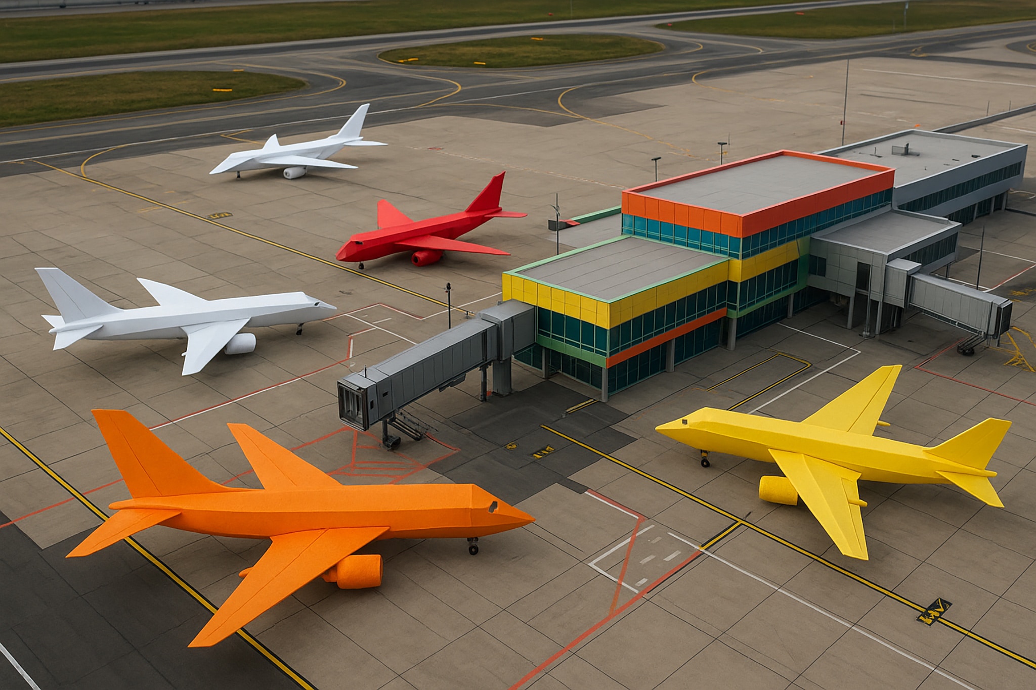 An aerial view of an airport scene with colorful model airplanes on the tarmac, and a multi-colored terminal building with a jet bridge.