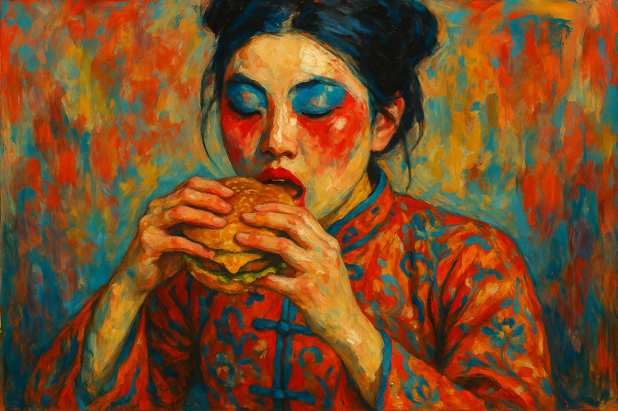 Painting of a woman with blue eyeshadow and red cheeks, eating a burger. She wears a red and orange patterned shirt. Colorful background.
