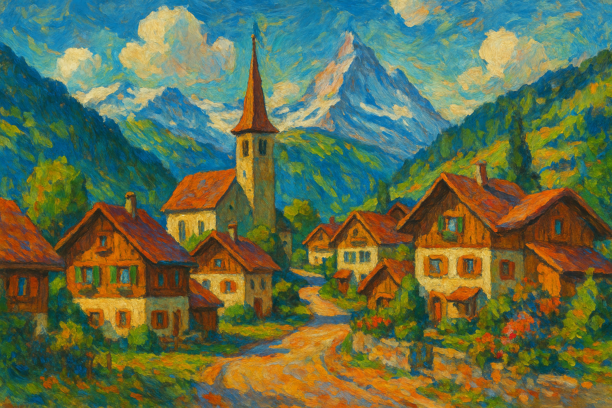 Painting of a small village nestled in the mountains with a church steeple in the center.