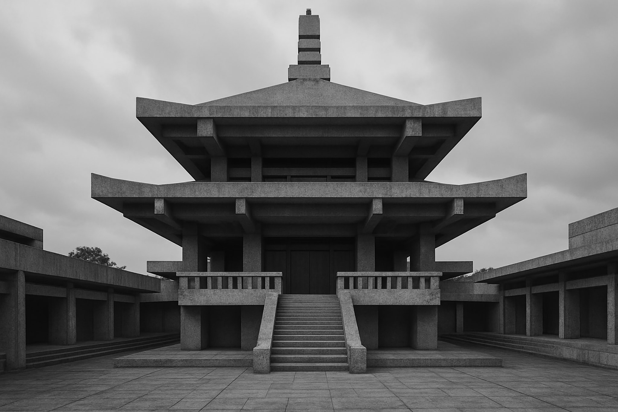 Concrete Asian pagoda architecture with tiered levels, a central staircase, and open-air walkways, set against a cloudy sky.