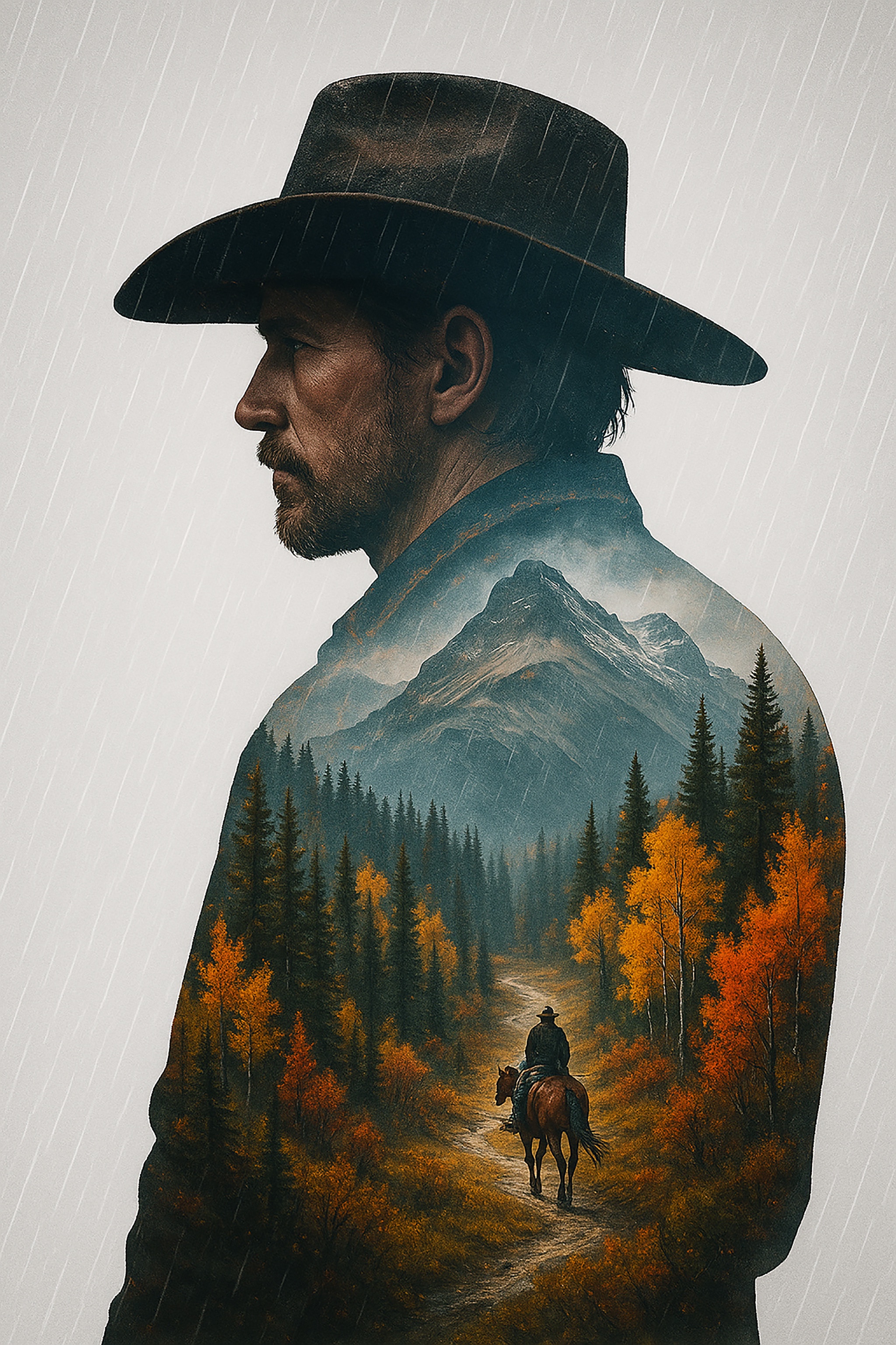 A man wearing a cowboy hat with a mountain and autumn forest scene superimposed on his jacket. A person on horseback is visible.