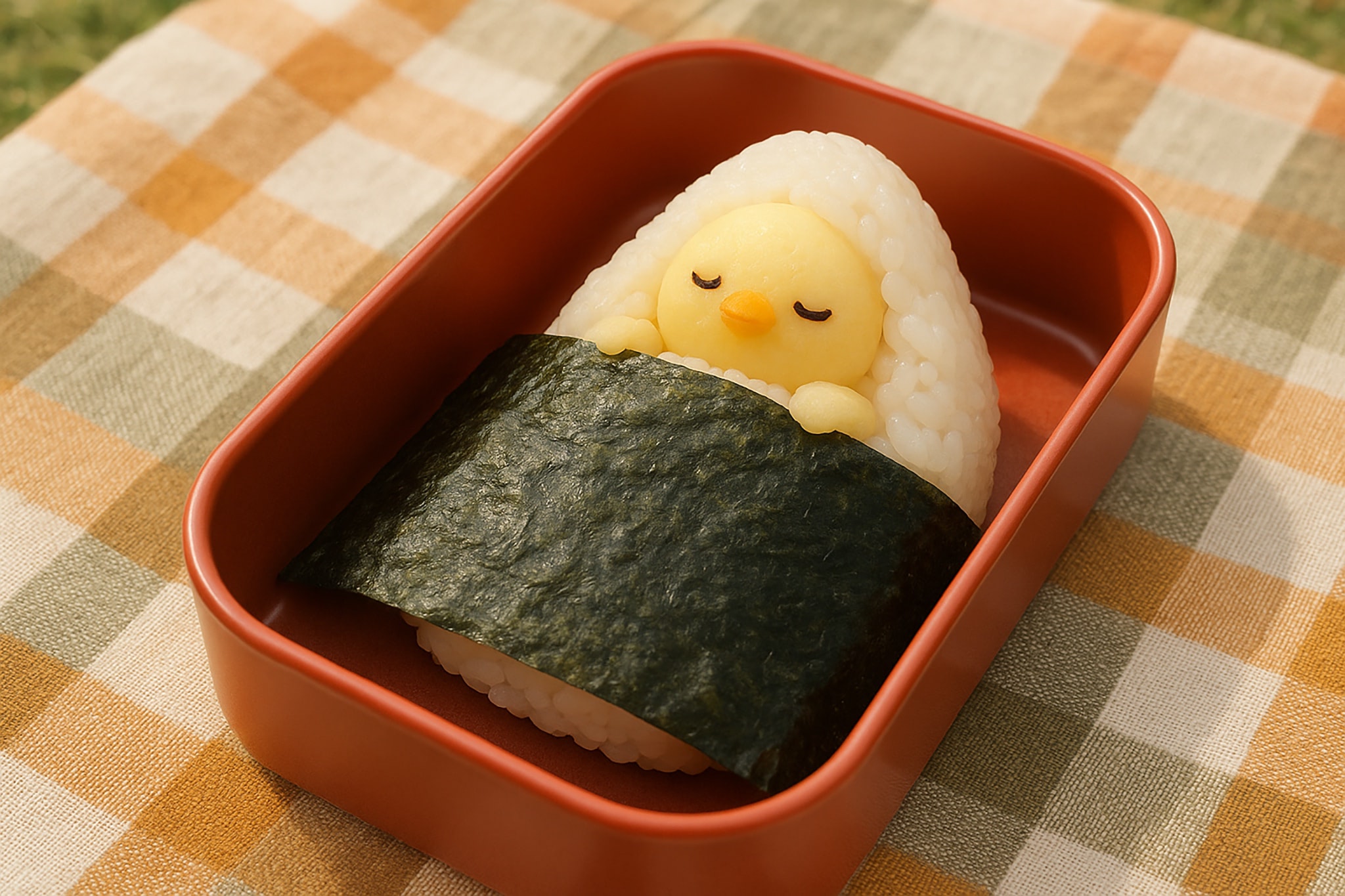 A cute, chick-shaped rice ball bento lunch in a red container, covered with seaweed, on a checkered tablecloth.