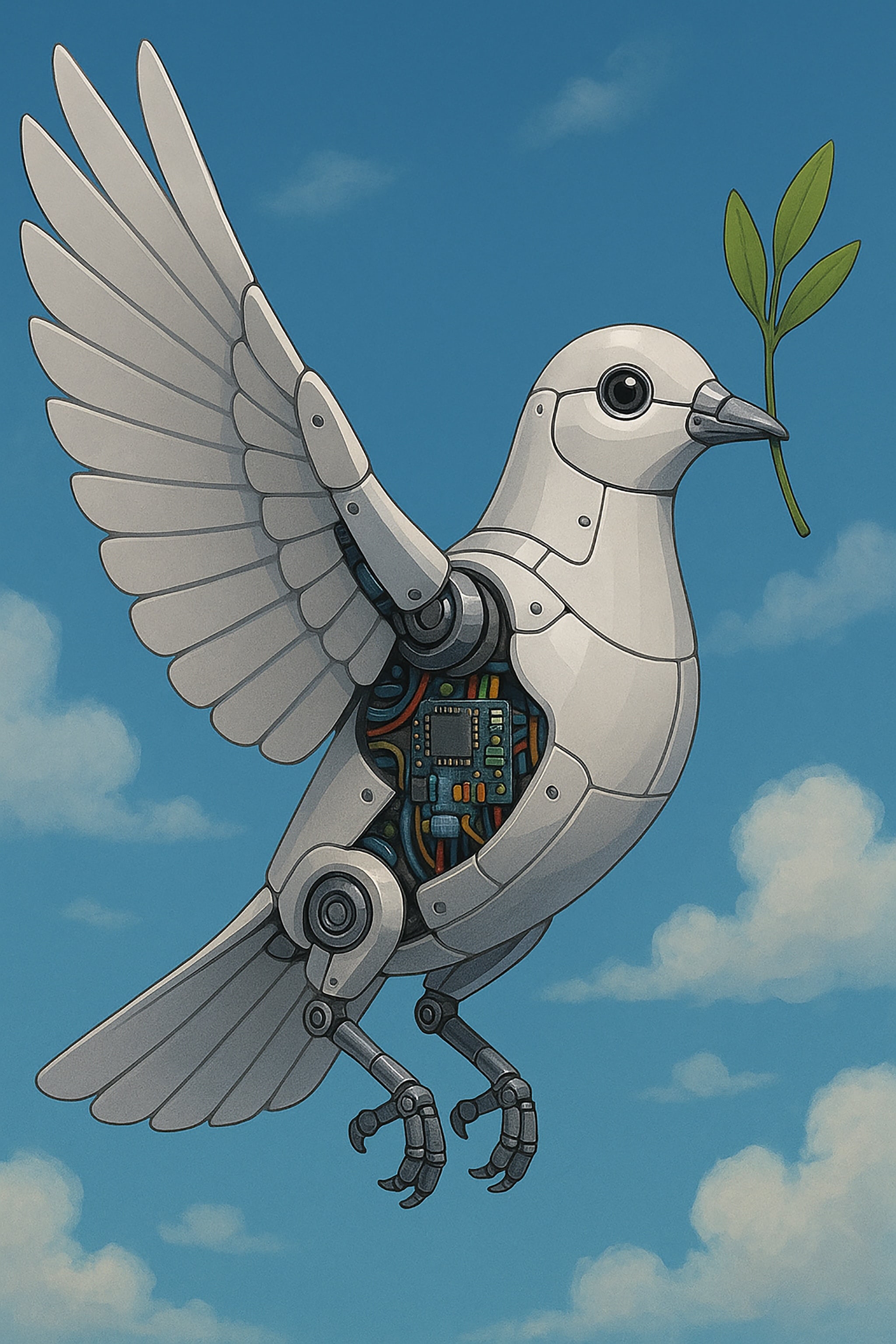 A mechanical dove with an olive branch flies in the sky. Its body is robotic with exposed wiring.