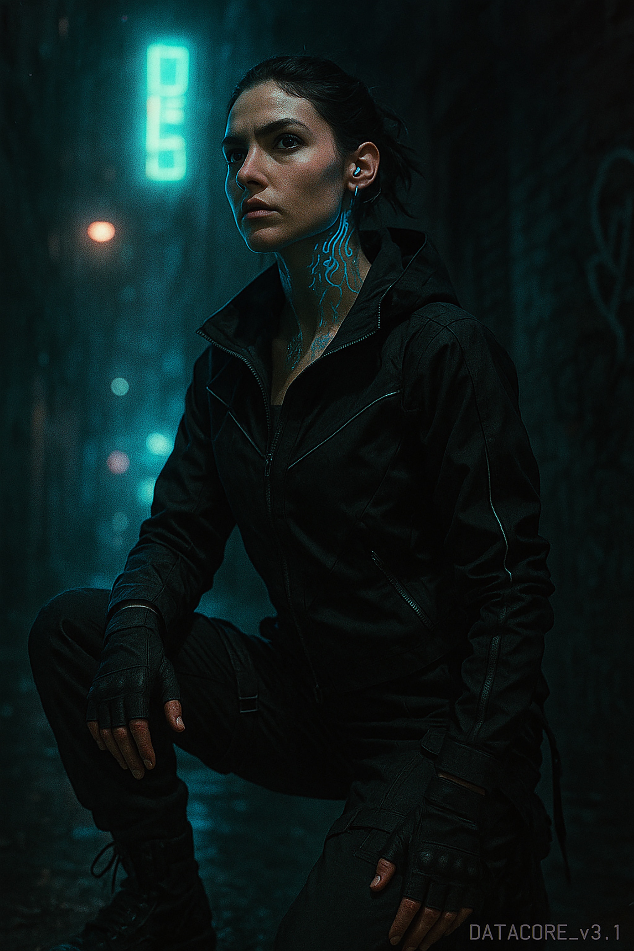 A woman in black crouching in a dark alley. She has glowing blue markings on her neck and face. Neon sign in background.