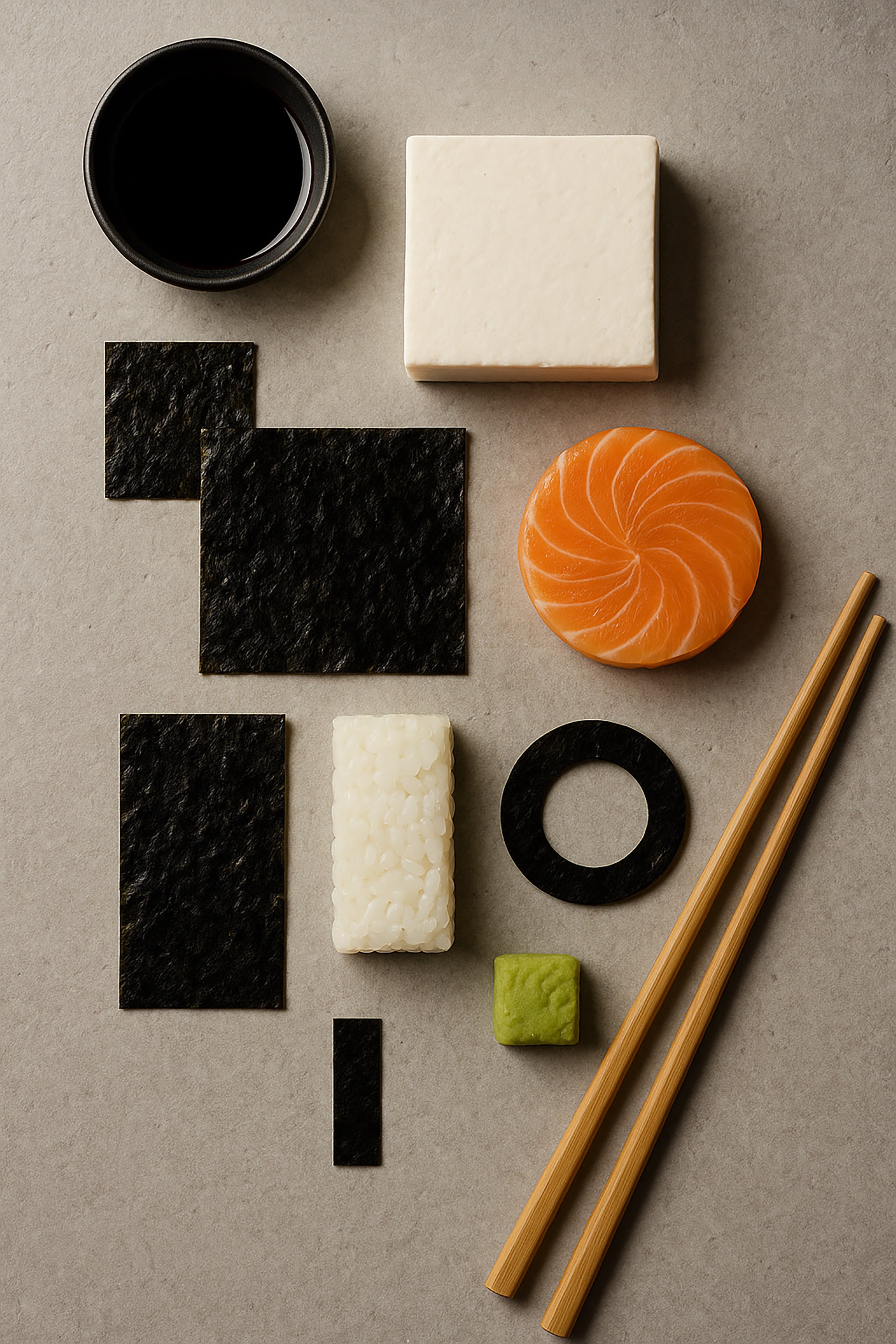 Overhead view of deconstructed sushi ingredients.