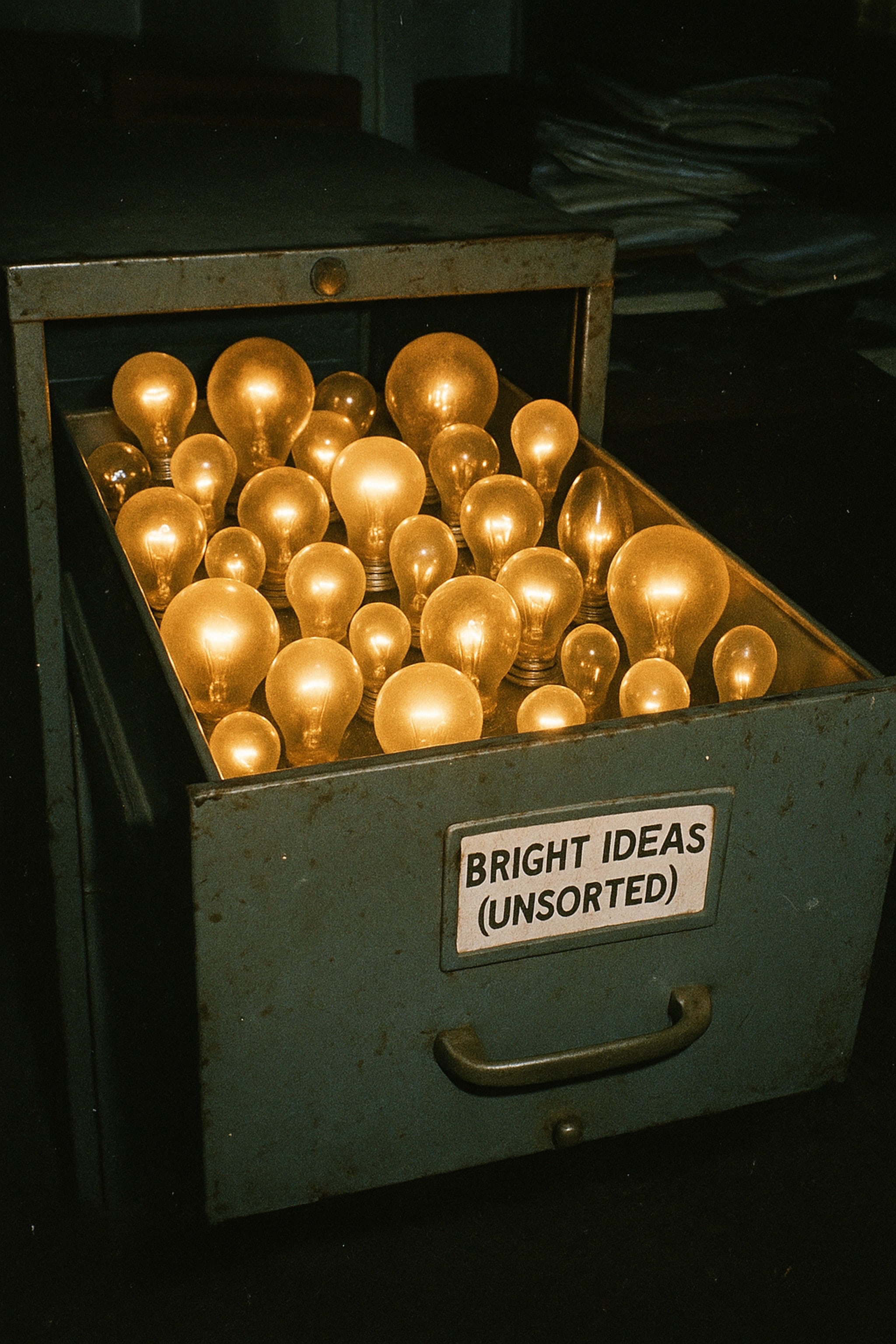 An open file drawer filled with lit lightbulbs. The drawer has a label that reads 'BRIGHT IDEAS (UNSORTED)'.