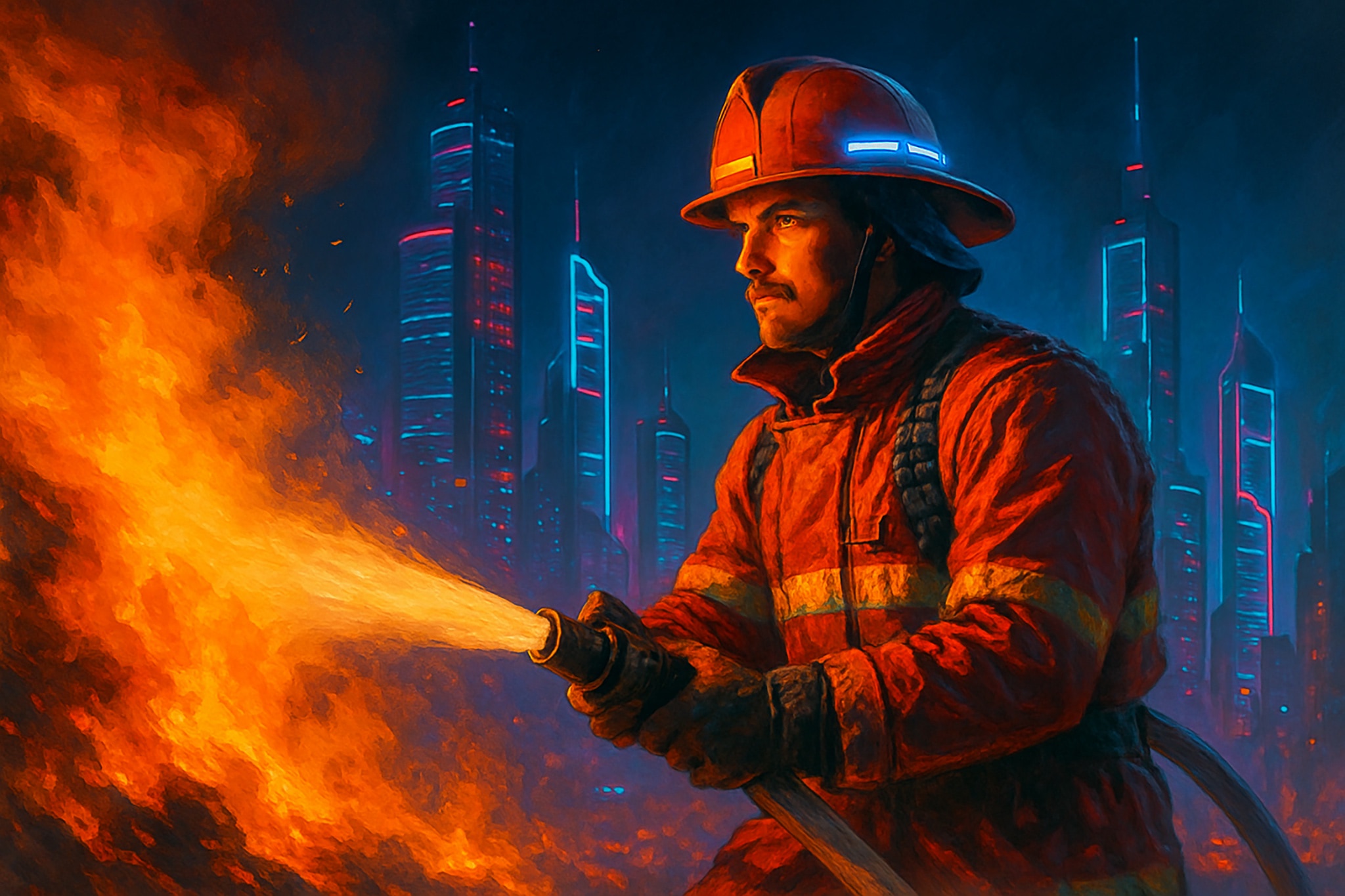 Firefighter with a hose extinguishing a large fire in front of a cityscape.