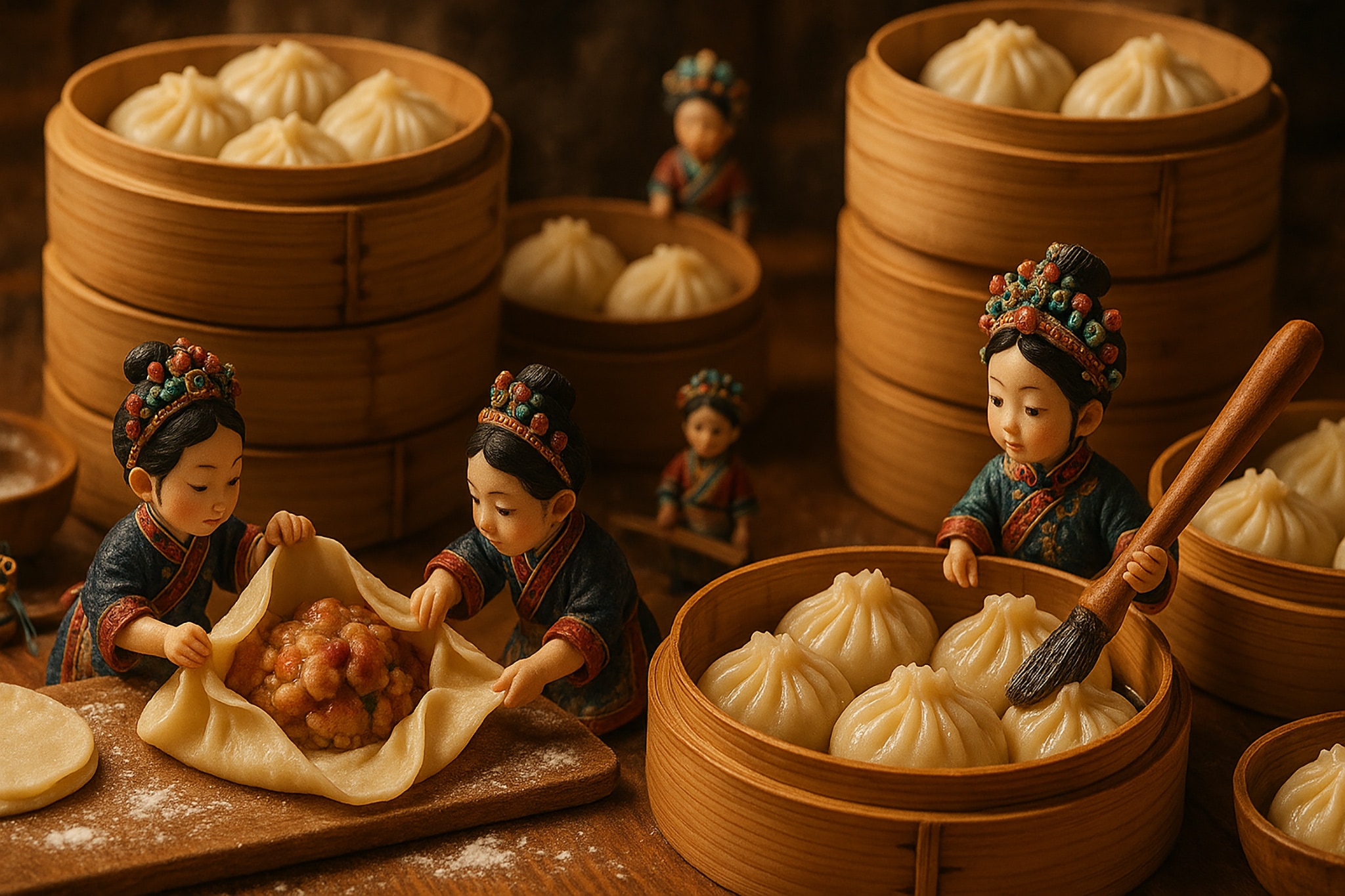 Dumplings being made and in bamboo steamers with Chinese dolls.