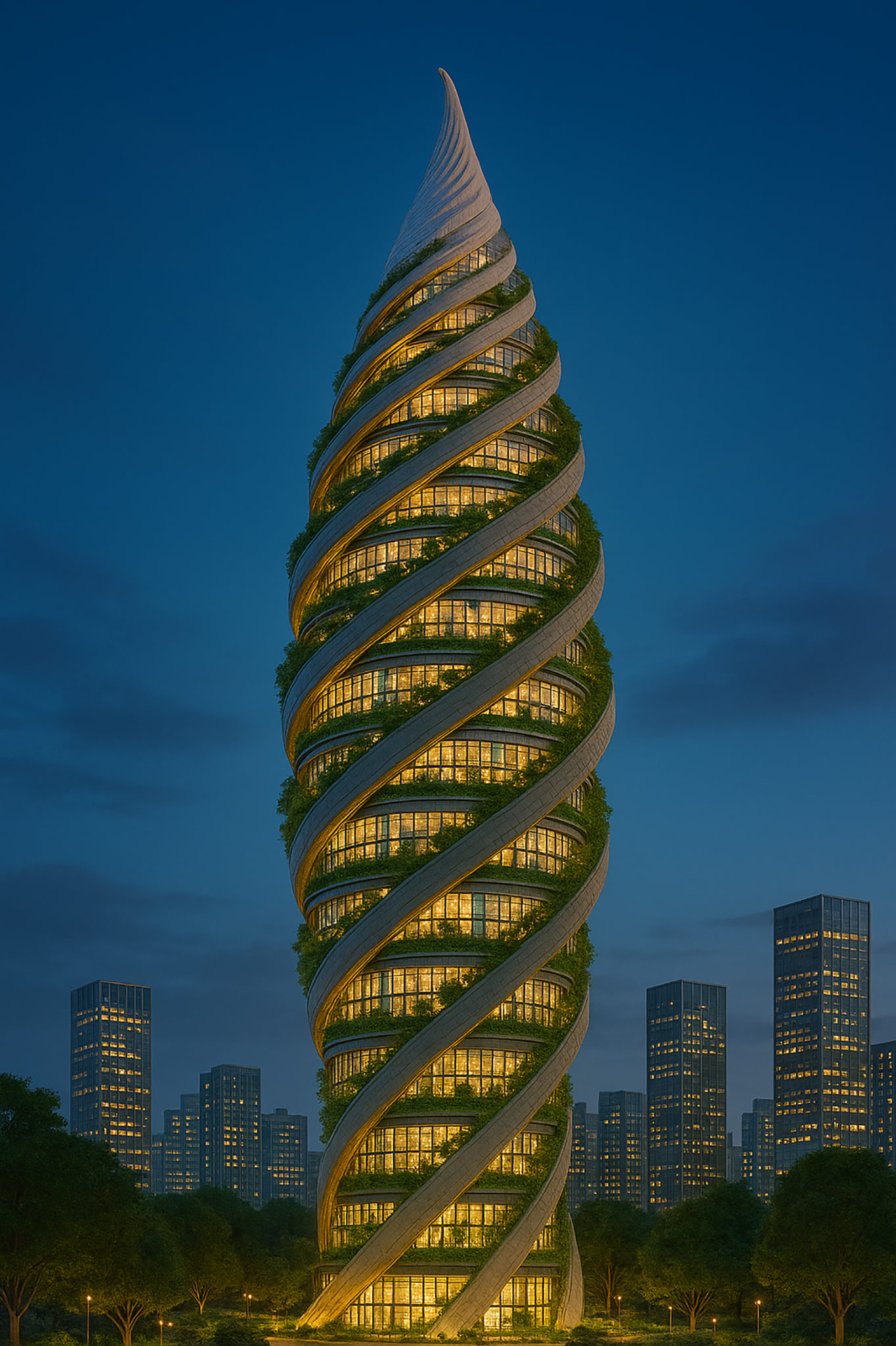 A tall, spiraling eco-building at night.