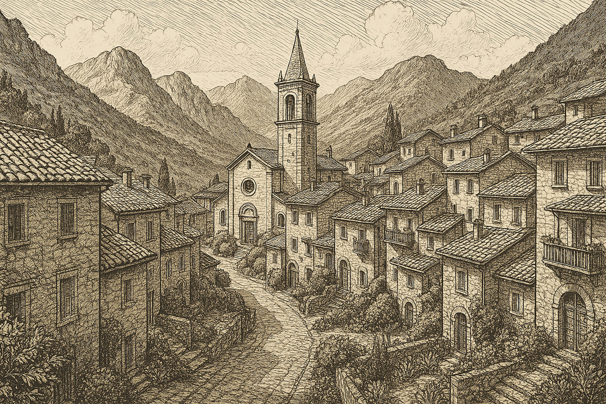 A sepia-toned illustration of an Italian village nestled in a valley. A church with a tall steeple dominates the scene. Mountains are in the background.