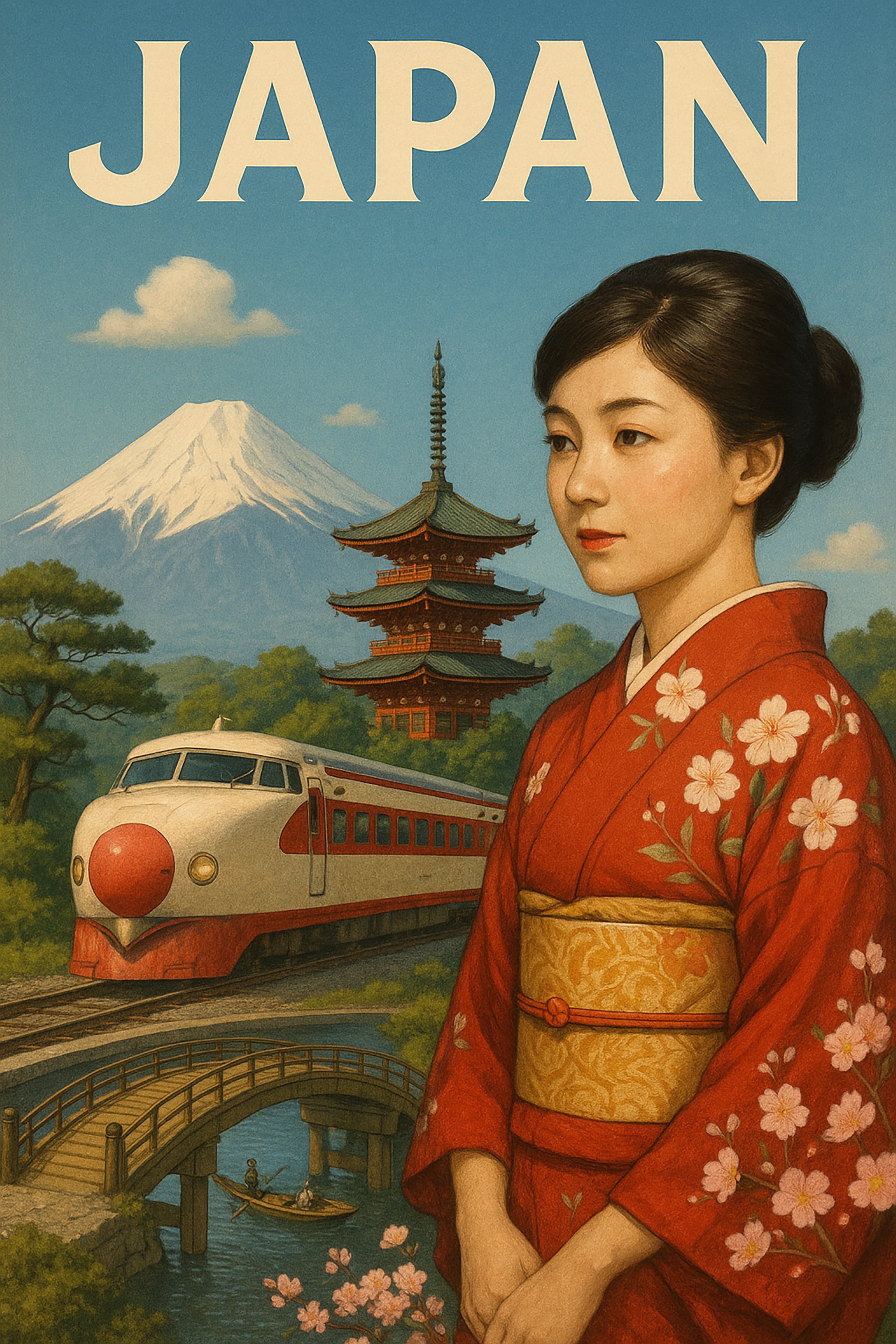 Travel poster for Japan featuring a woman in a kimono, Mount Fuji, a pagoda, and a train.
