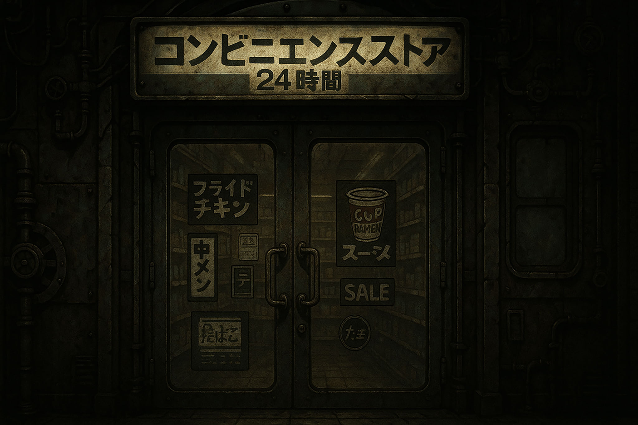 A stylized entrance to a Japanese convenience store. The sign reads 'Convenience Store 24 Hours'. There are also food advertisements on the glass doors.