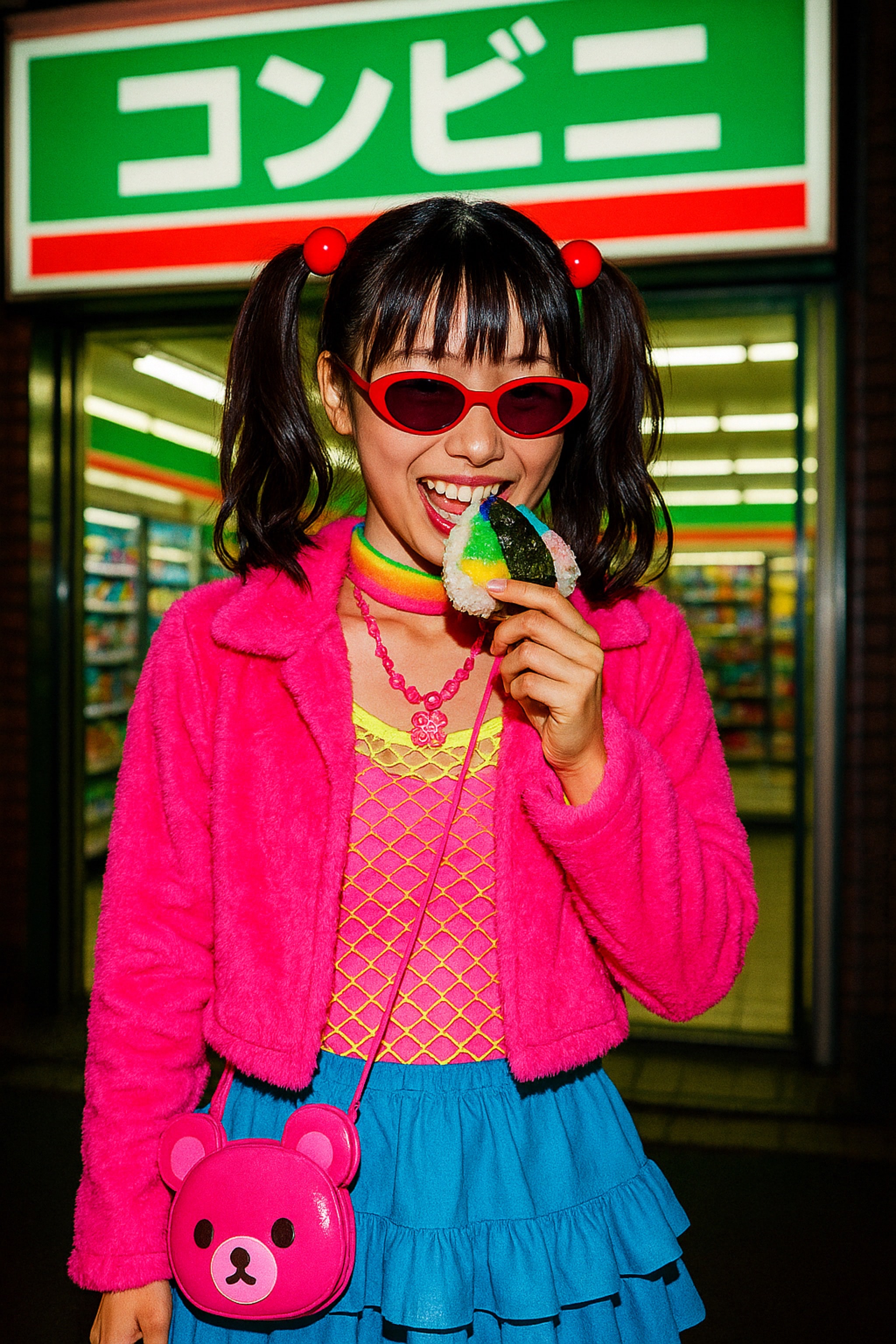 Woman wearing bright, colorful clothing and sunglasses smiles while holding and eating a colorful onigiri. Behind her is a store with Japanese writing.
