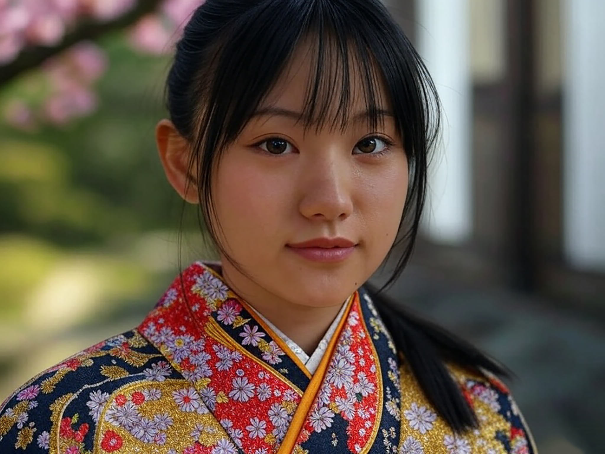 Portrait of a young woman wearing a floral kimono.