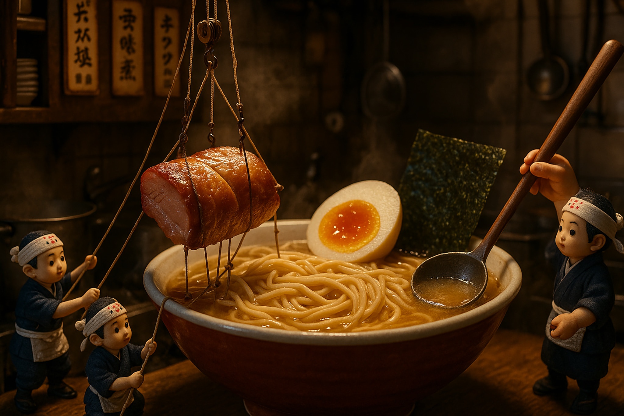 Stylized illustration of ramen with toy characters tending to the noodles, pork, egg, and seaweed.