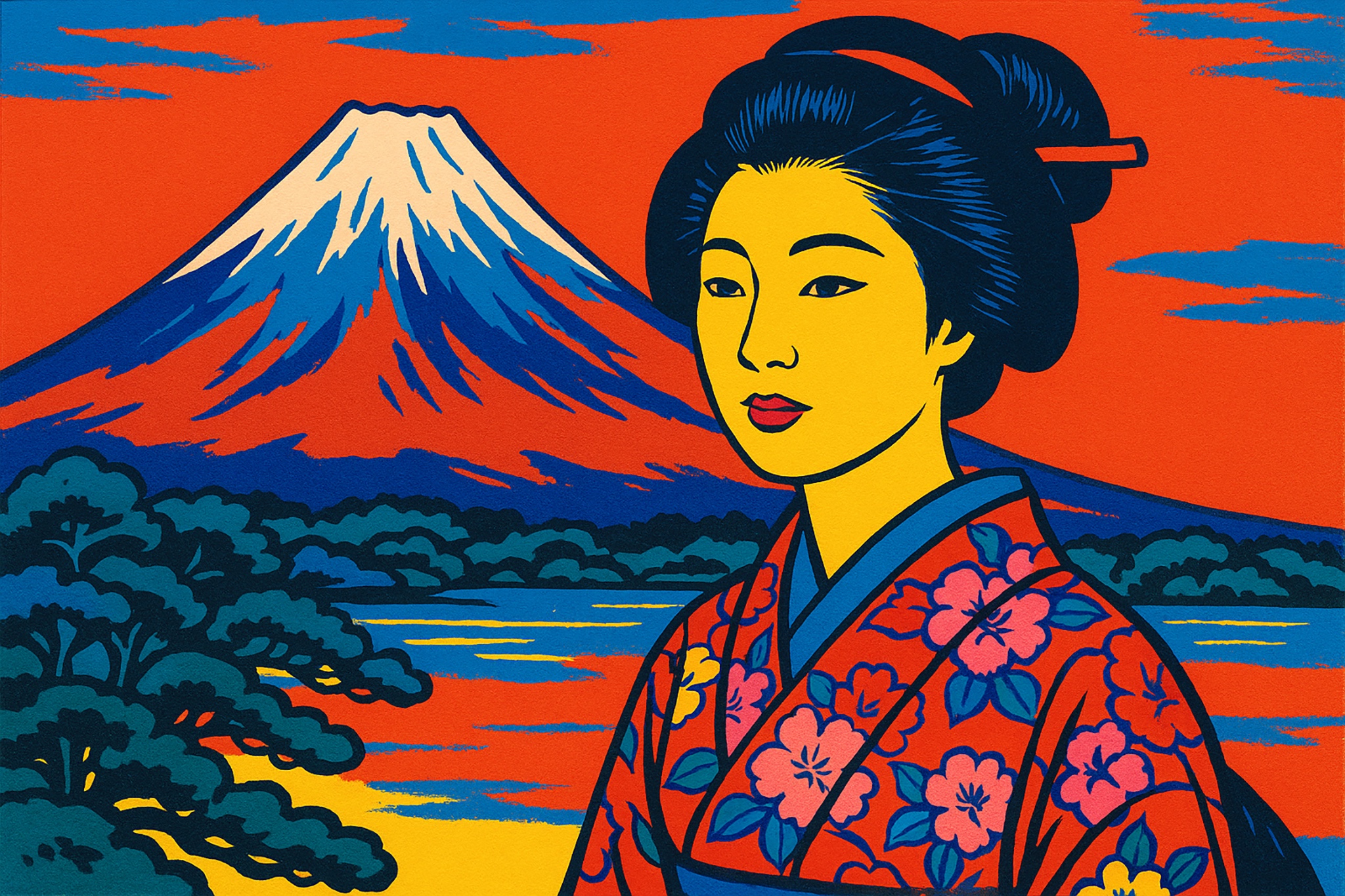 Illustration of a woman in a kimono with Mount Fuji in the background.