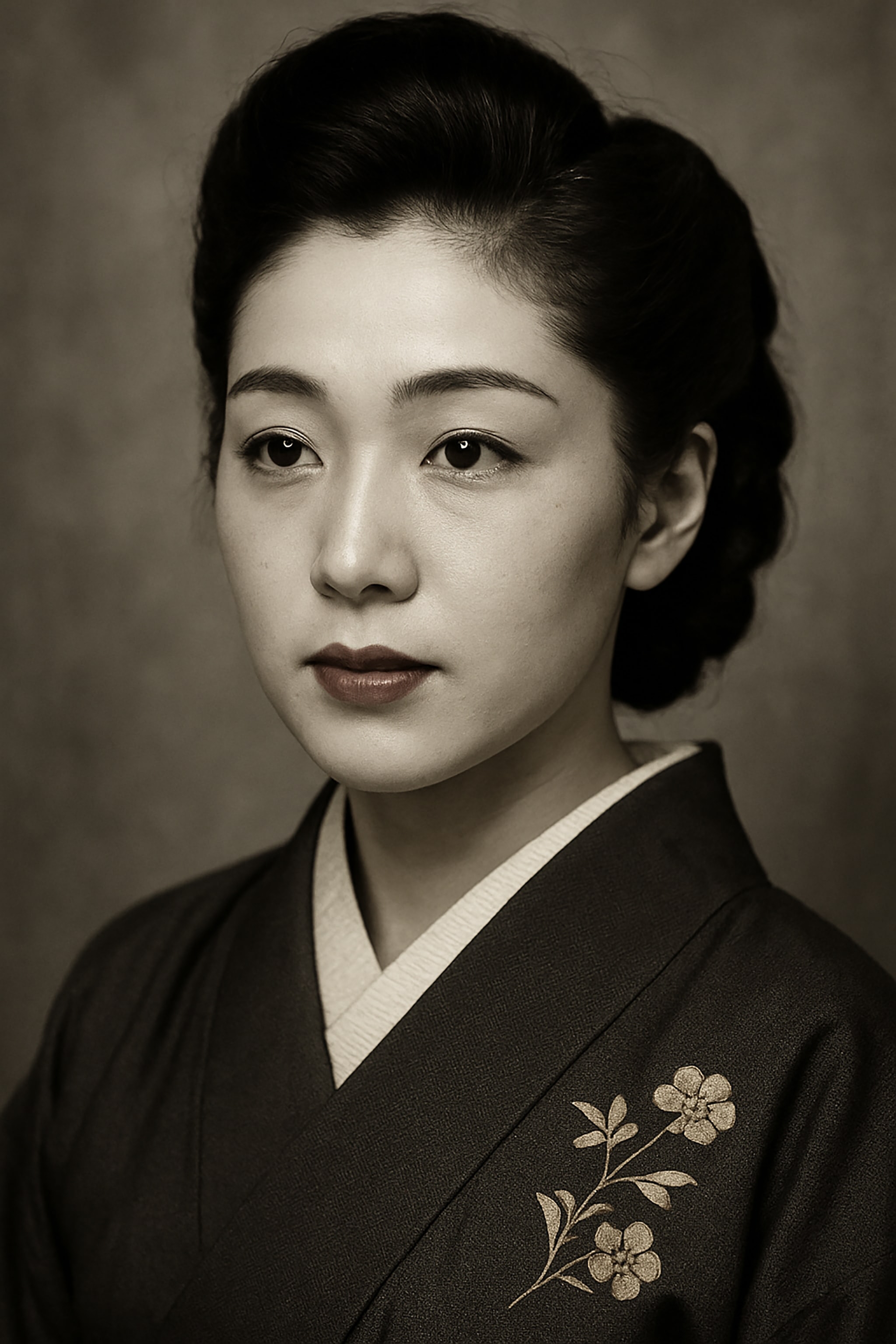 Portrait of a Japanese woman in a kimono with a flower design, sepia tone. Her hair is up, and she has a serious expression.