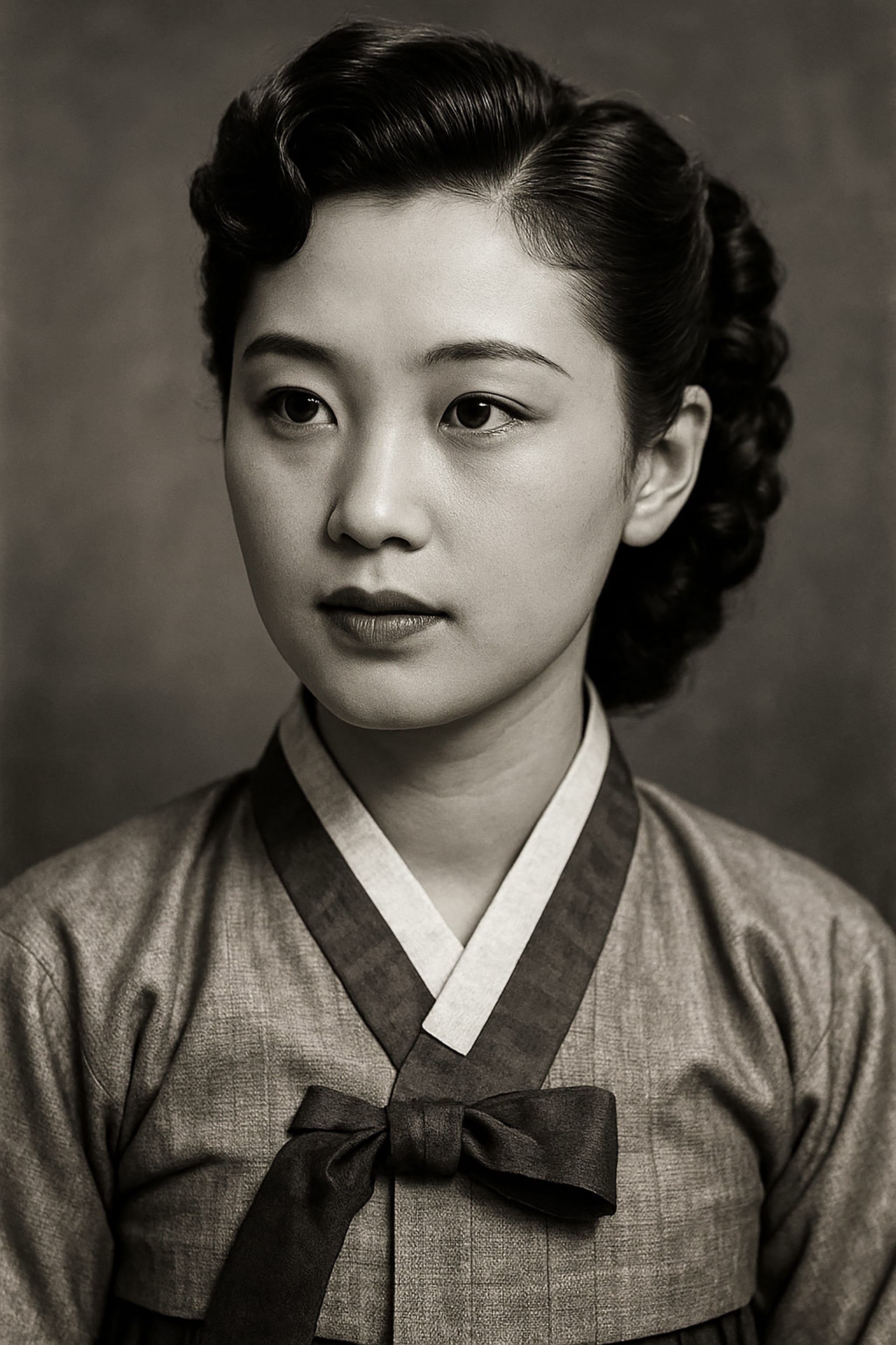 A sepia-toned portrait of a Korean woman in traditional dress (Hanbok) with her hair styled up. She is looking off to the side.