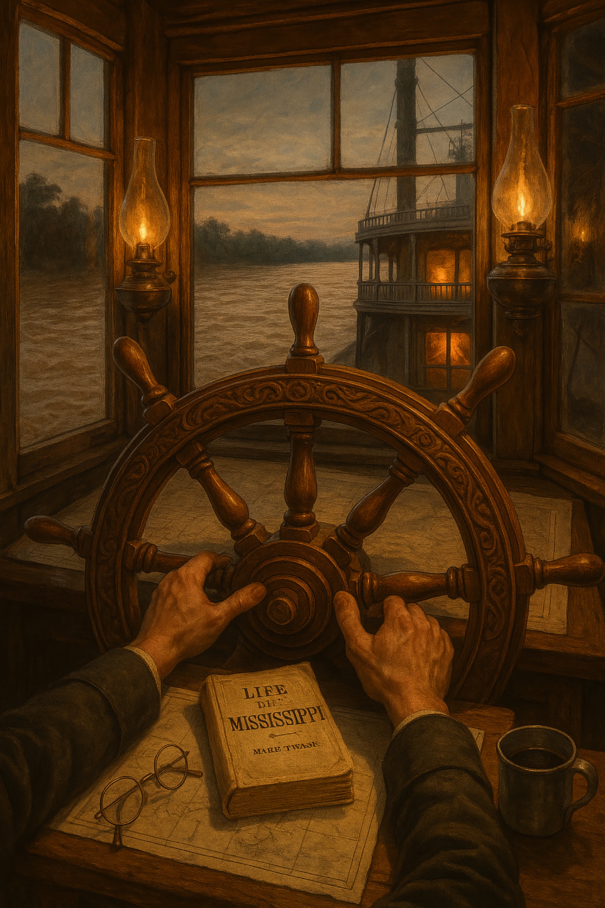 A person's hands steer a wooden ship's wheel. In the background is a steamboat passing by a river. A book, glasses, and a mug are on a desk.