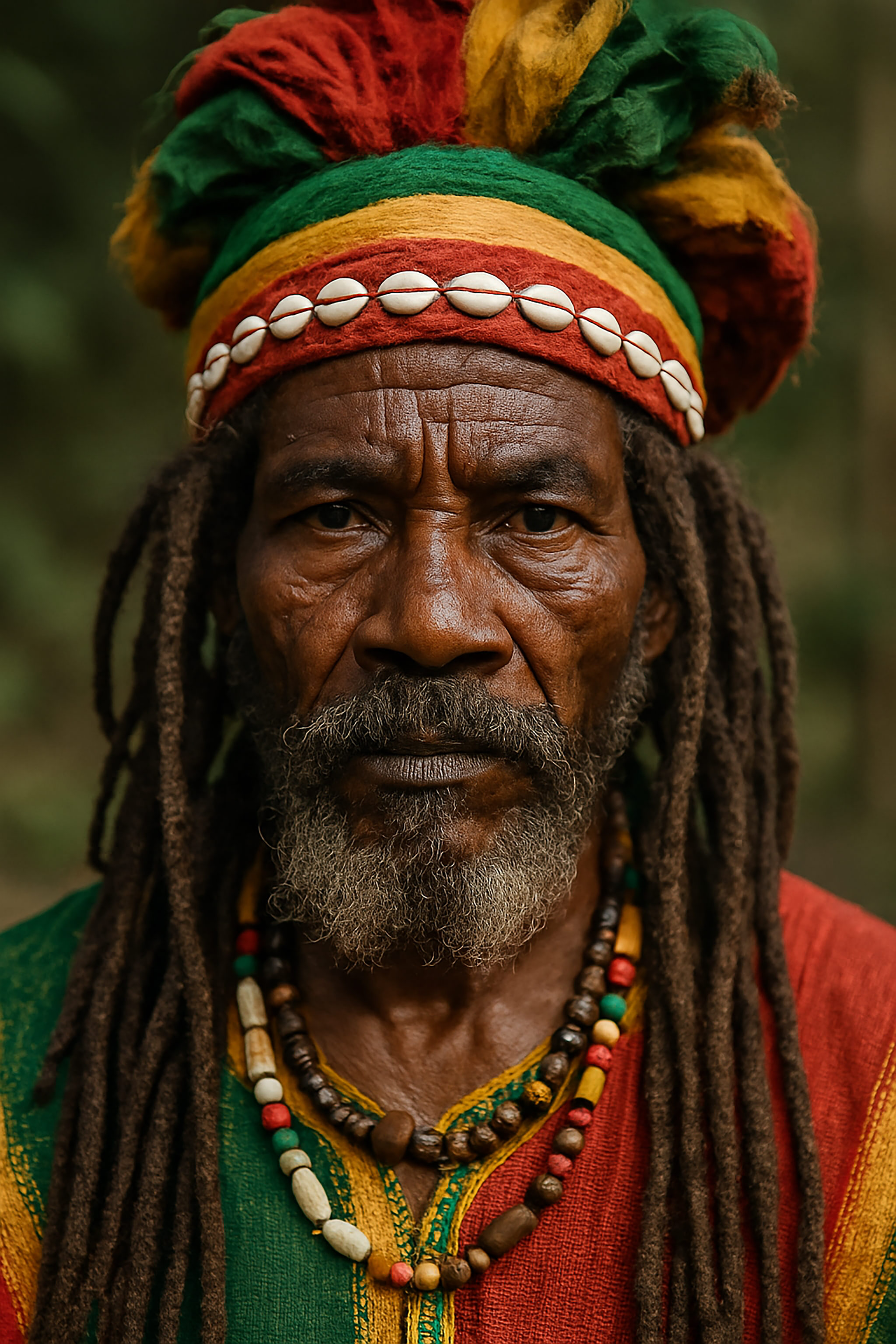 Close-up of an older Black man with dreadlocks, wearing a colorful hat, necklace, and clothing in red, green, and yellow.