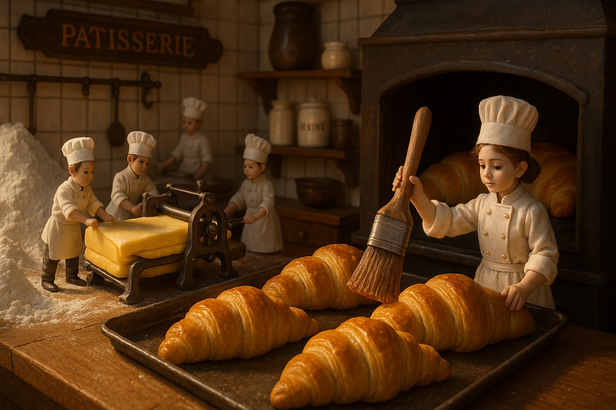 Miniature bakery scene with baker dolls making croissants.