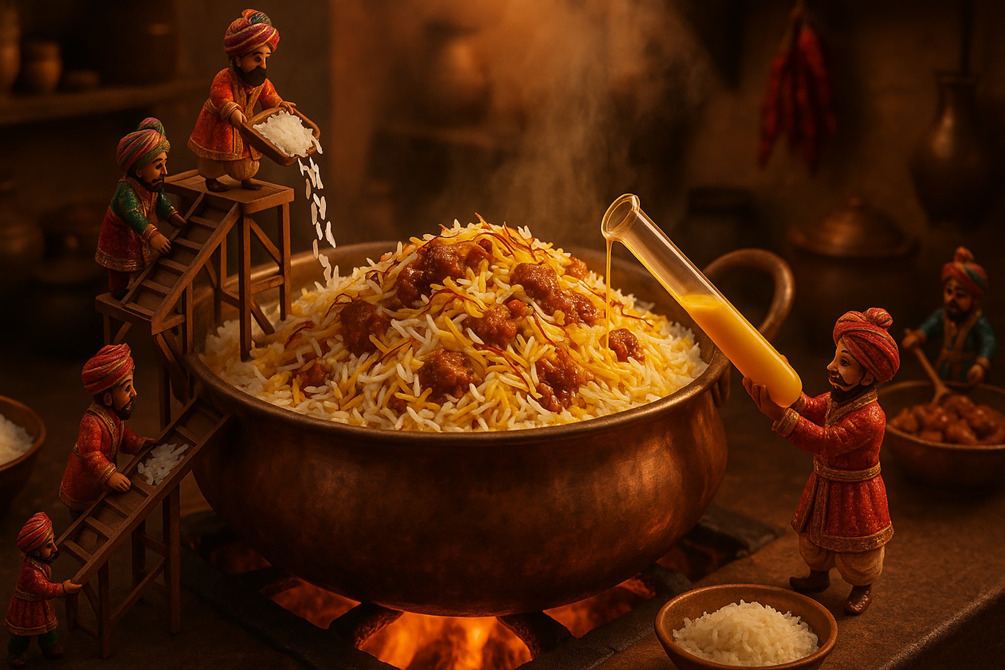 Miniature chefs preparing biryani.