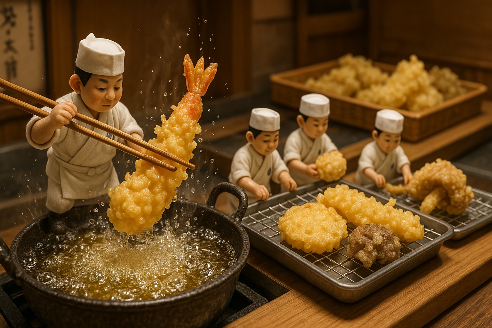 Miniature chefs cooking tempura.