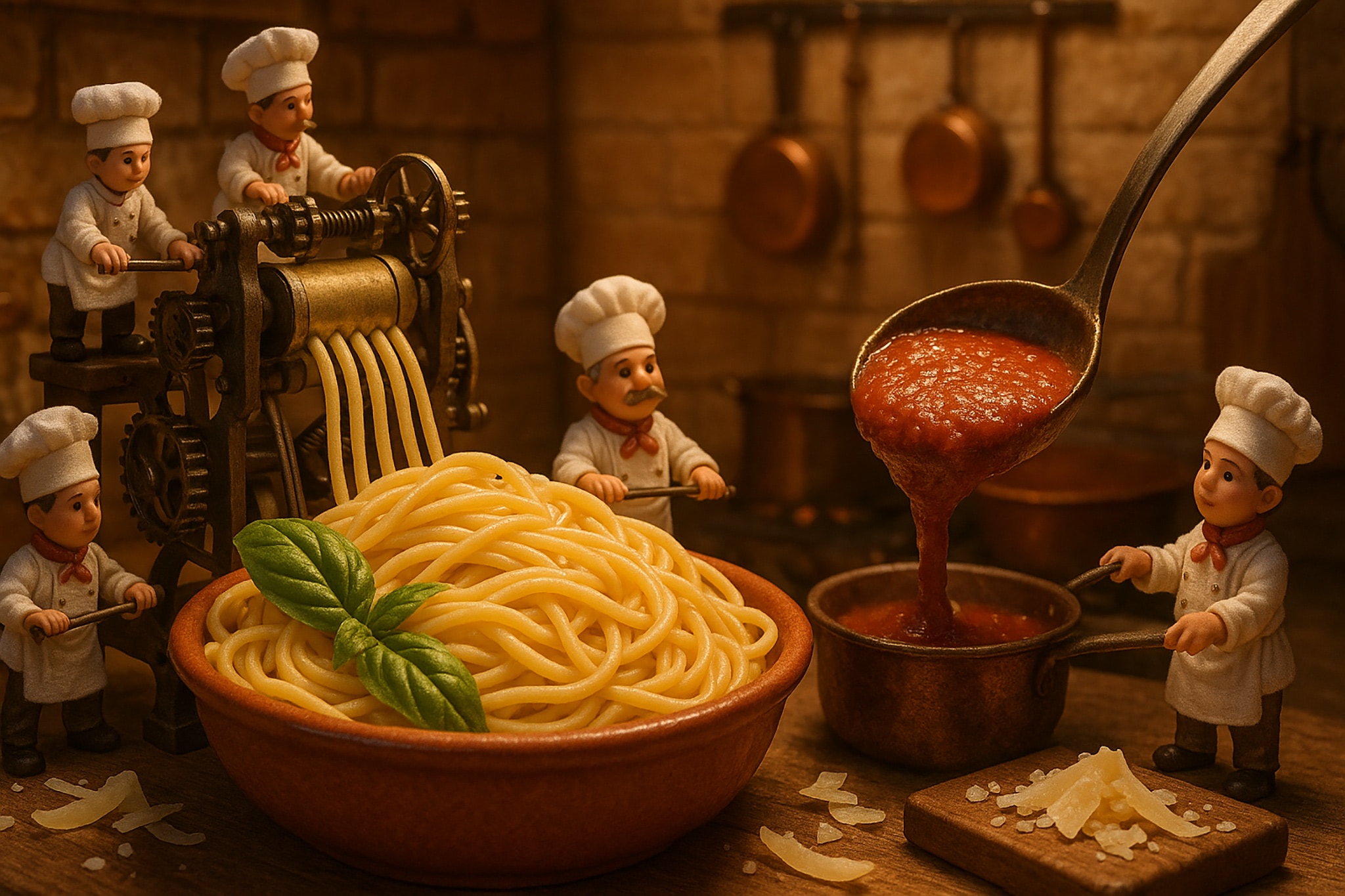Miniature chef figurines making spaghetti and tomato sauce.
