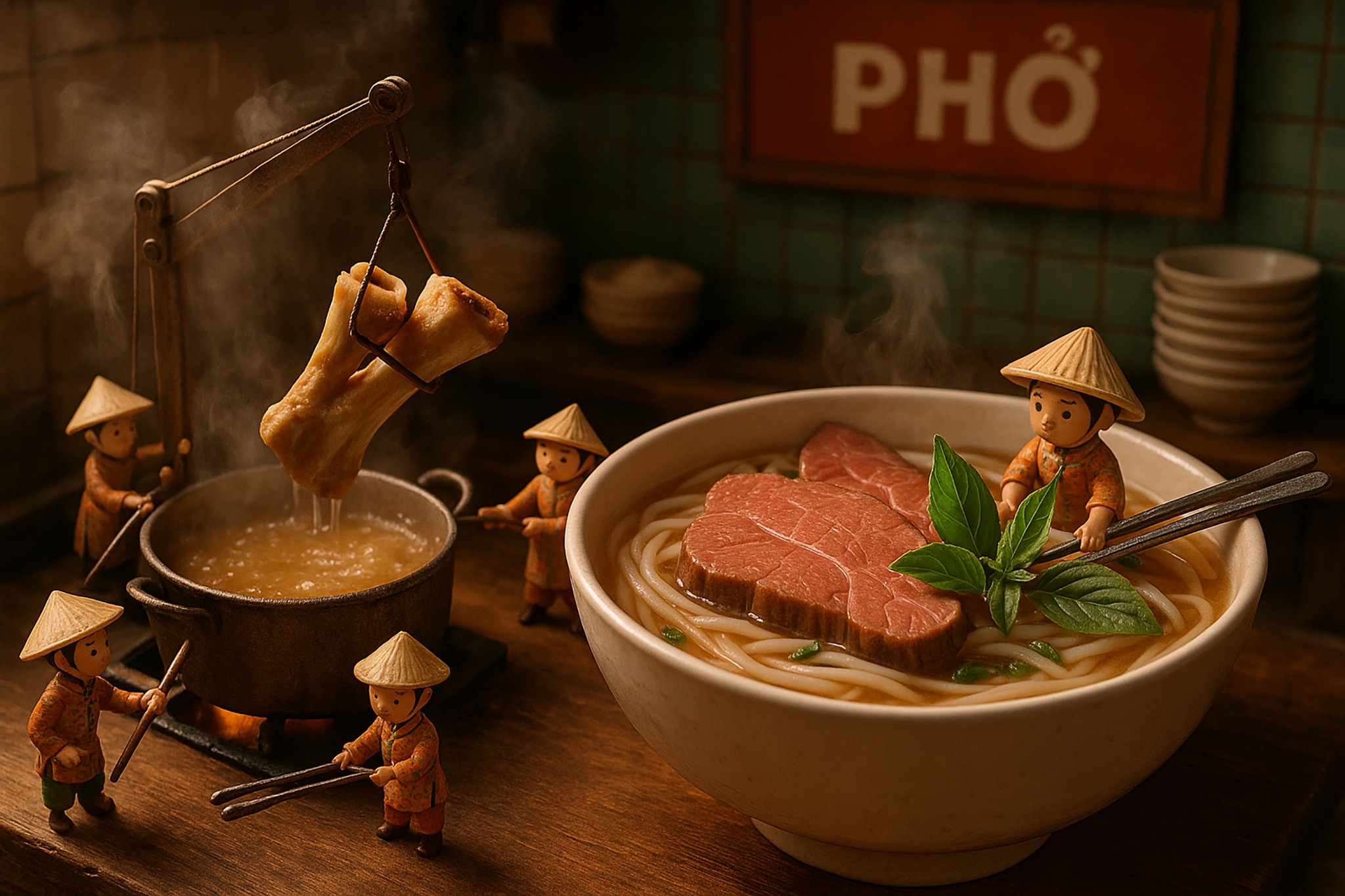 Miniature figures prepare a bowl of steaming pho.