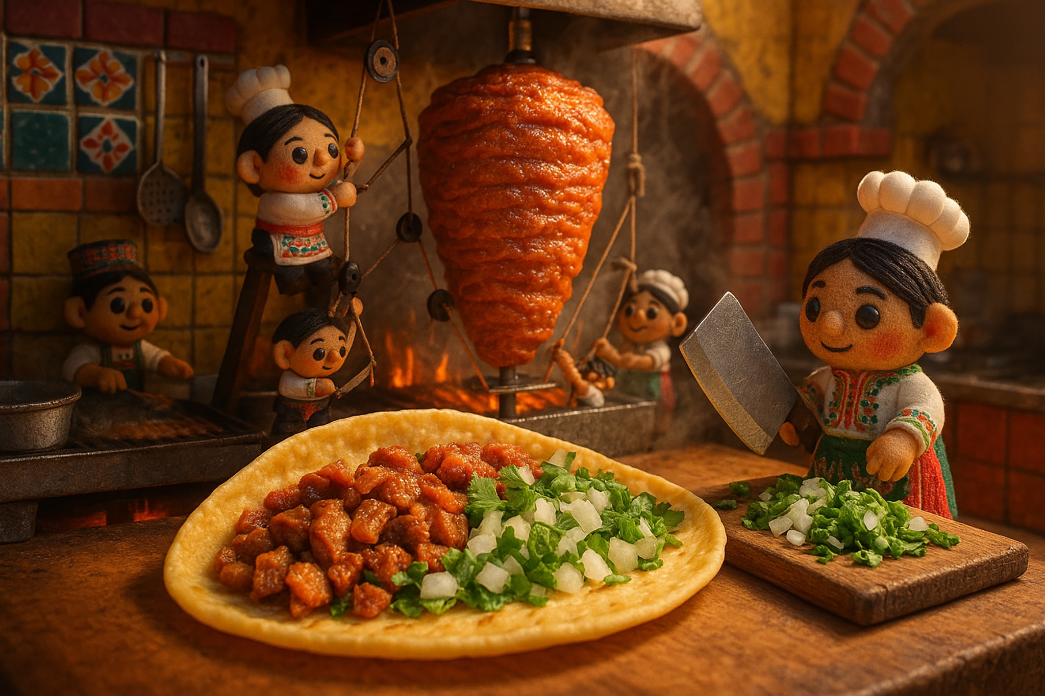A scene of doll-like chefs preparing tacos al pastor.