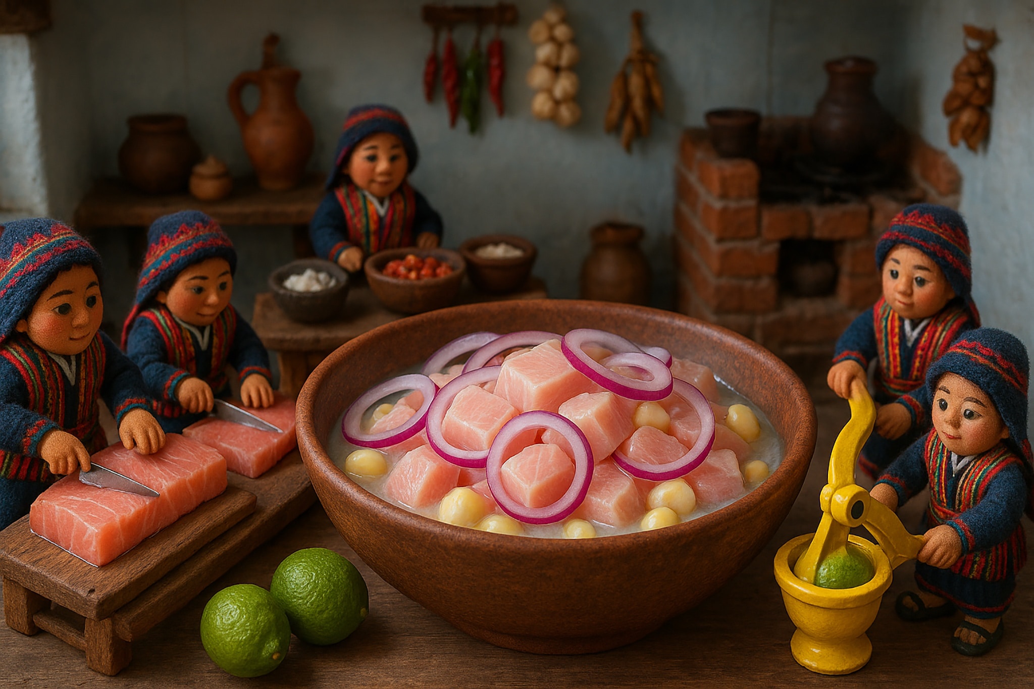 Miniature Peruvian ceviche preparation scene with dolls cooking and serving.