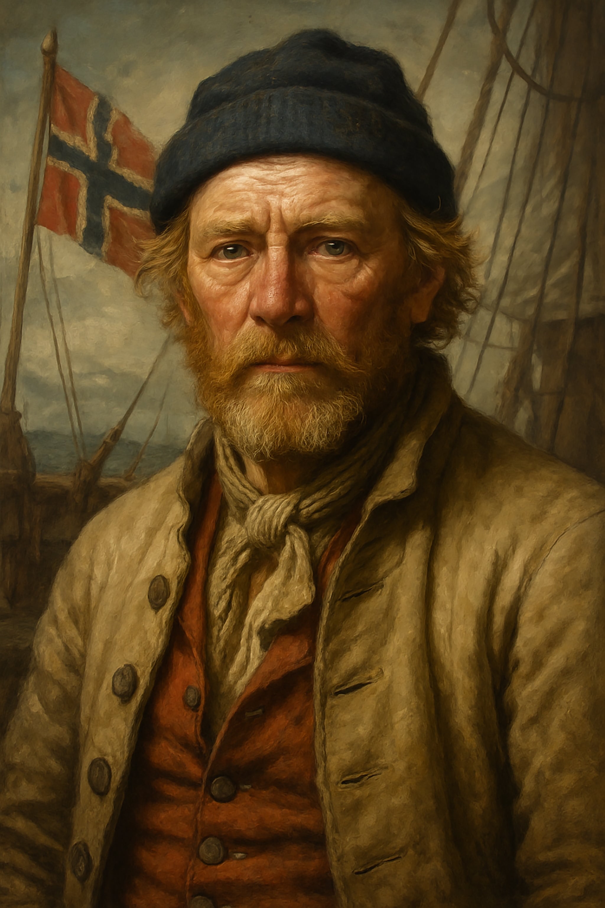 Painting of an older man with a beard wearing a blue cap, jacket and scarf. A Norwegian flag is in the background.
