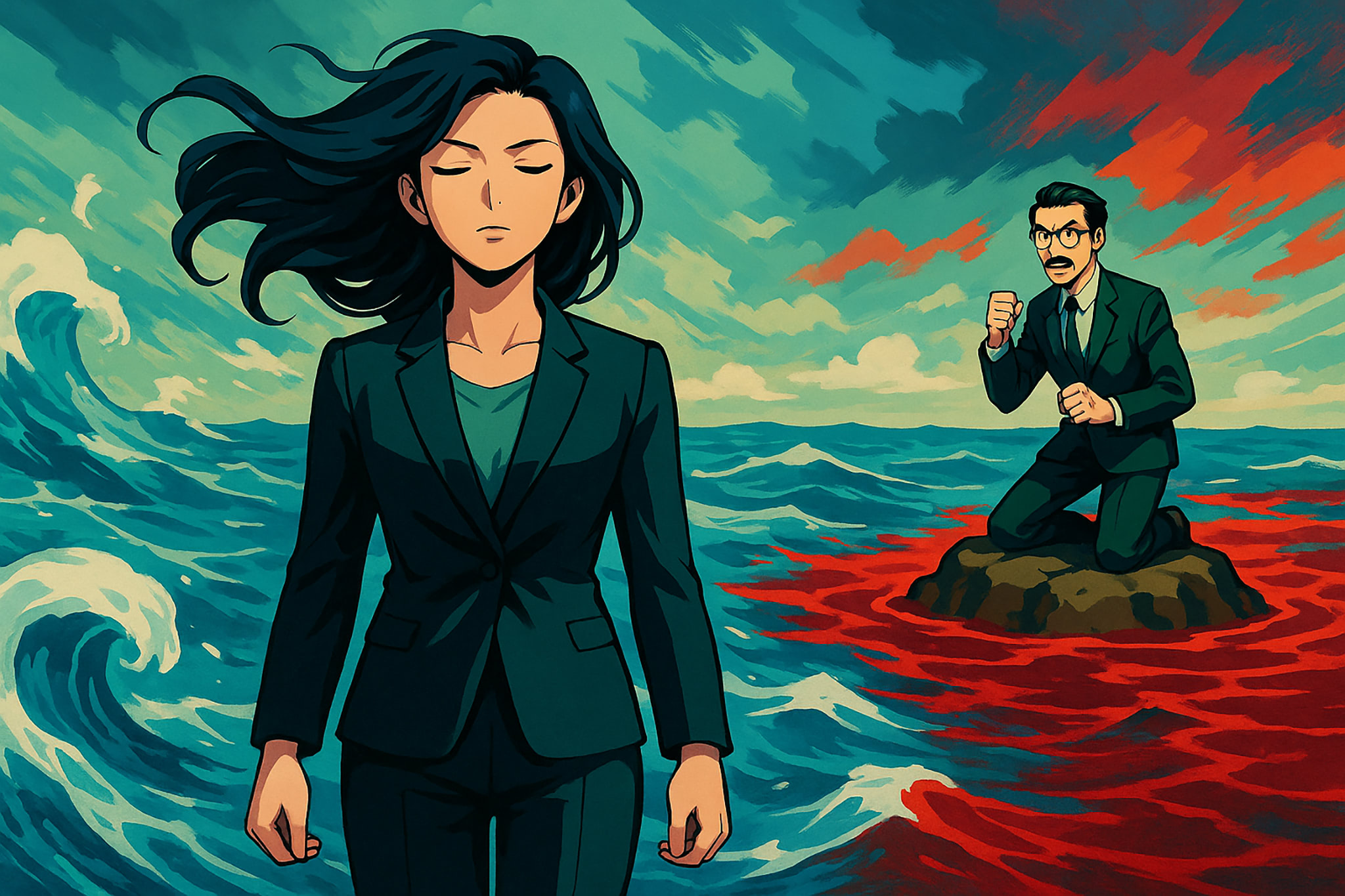 Anime-style image of a woman and man separated by ocean. Woman in suit is calm, man on a rock is in an aggressive pose.