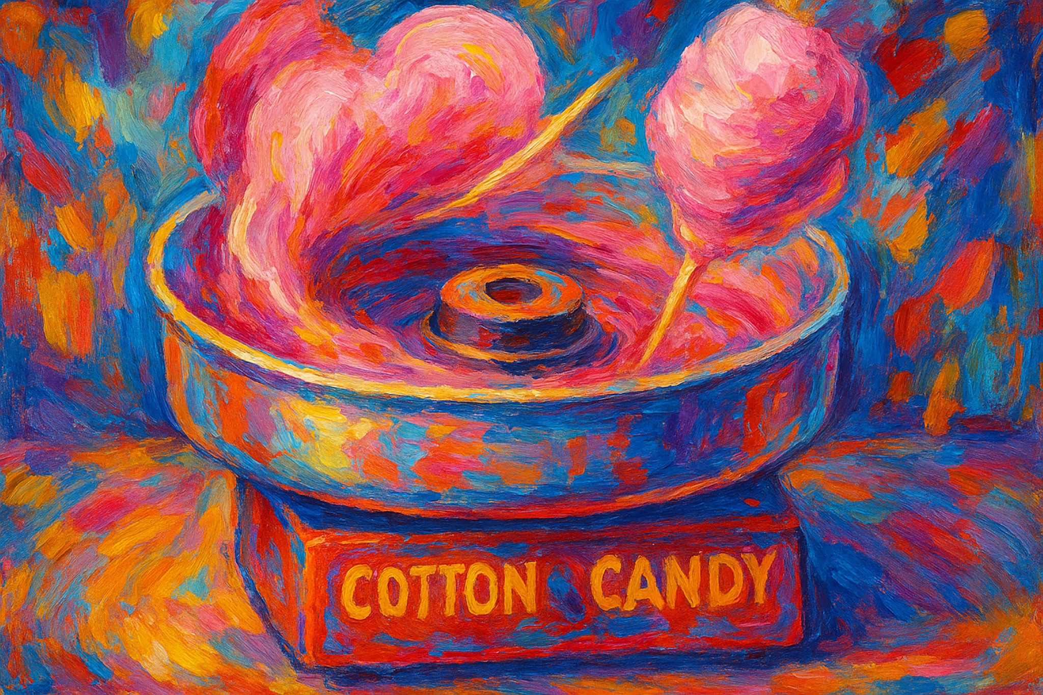 Artwork of a cotton candy machine, with pink cotton candy on sticks. 'COTTON CANDY' written on the base. Colorful, expressive paint strokes.