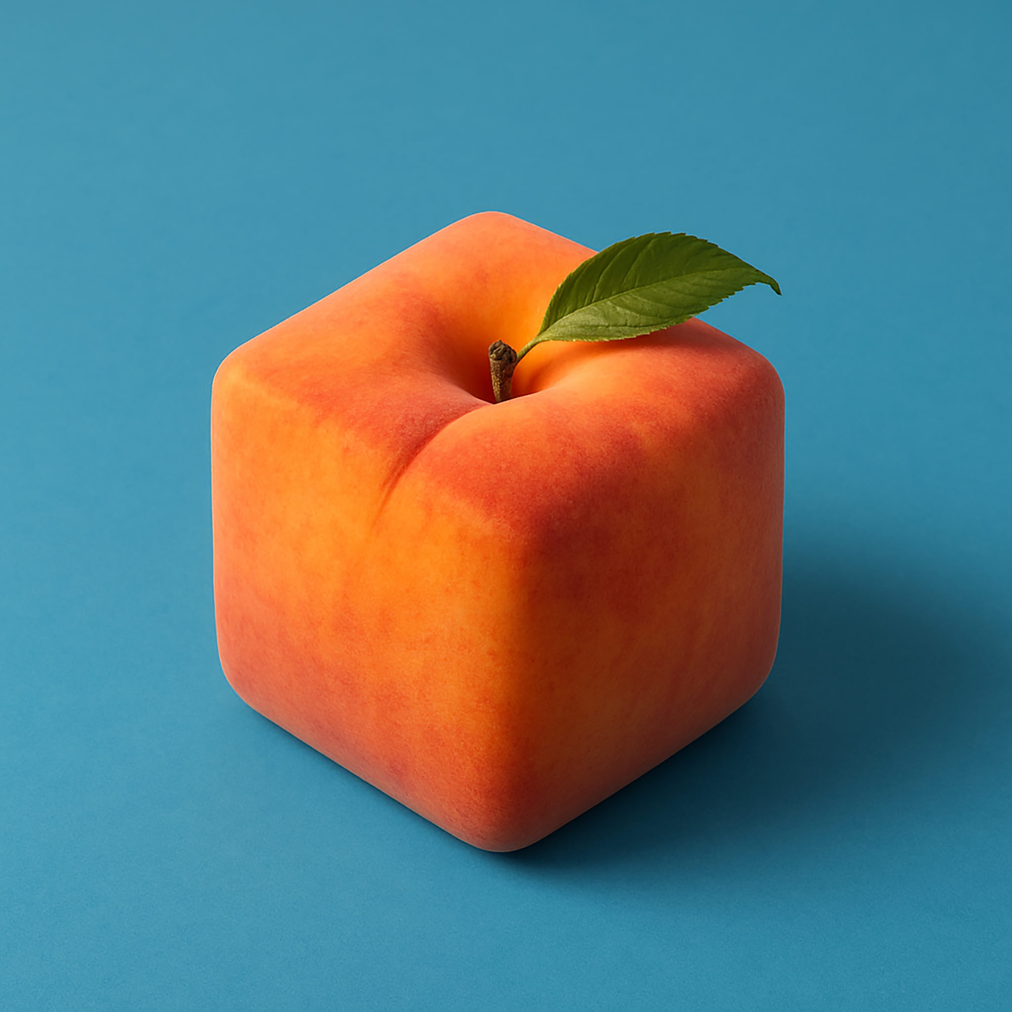 Square peach with leaf on a blue background.