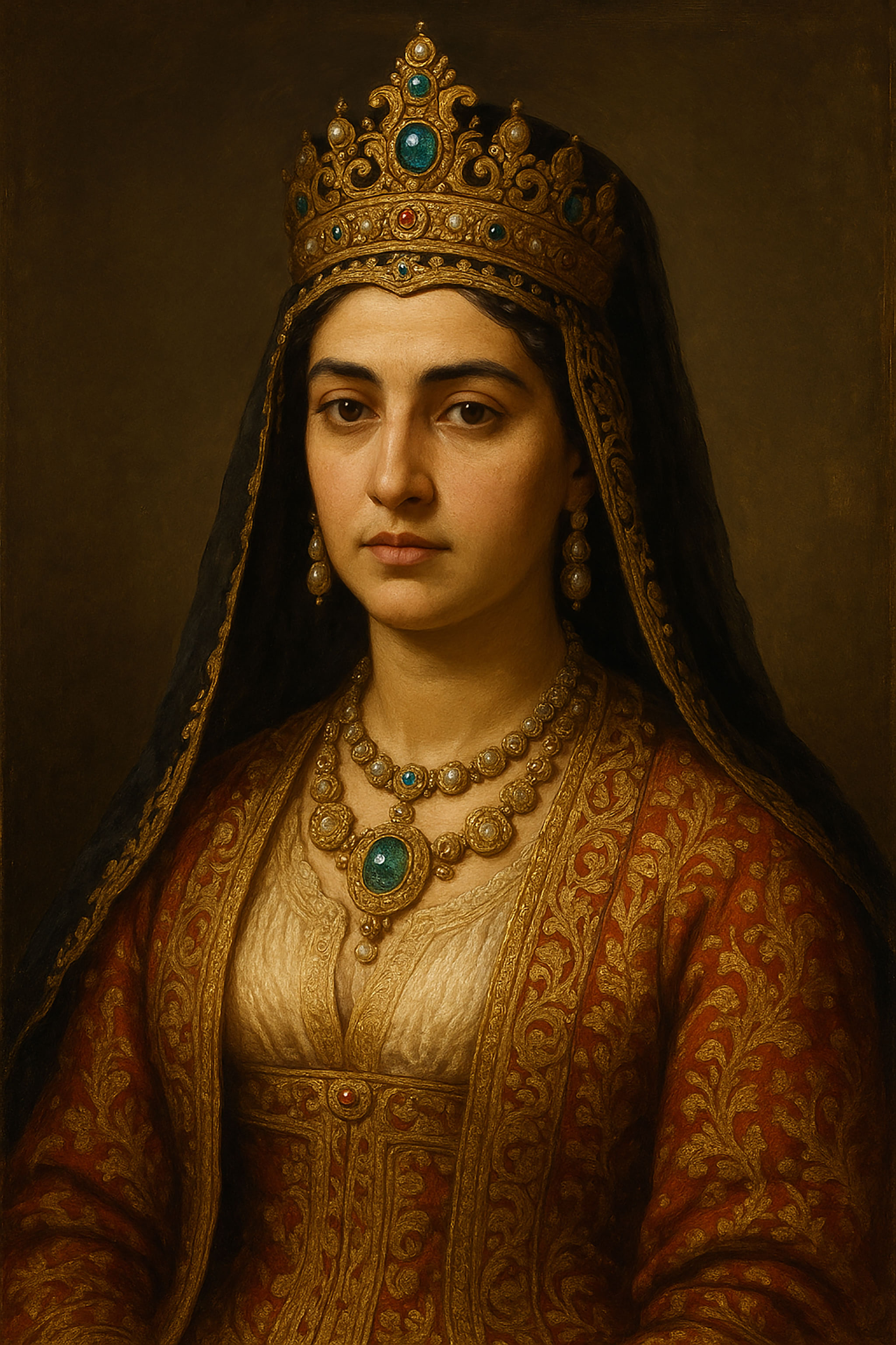 Portrait of a woman in a crown and jewels. She is wearing a red and gold embroidered robe and a jeweled necklace.