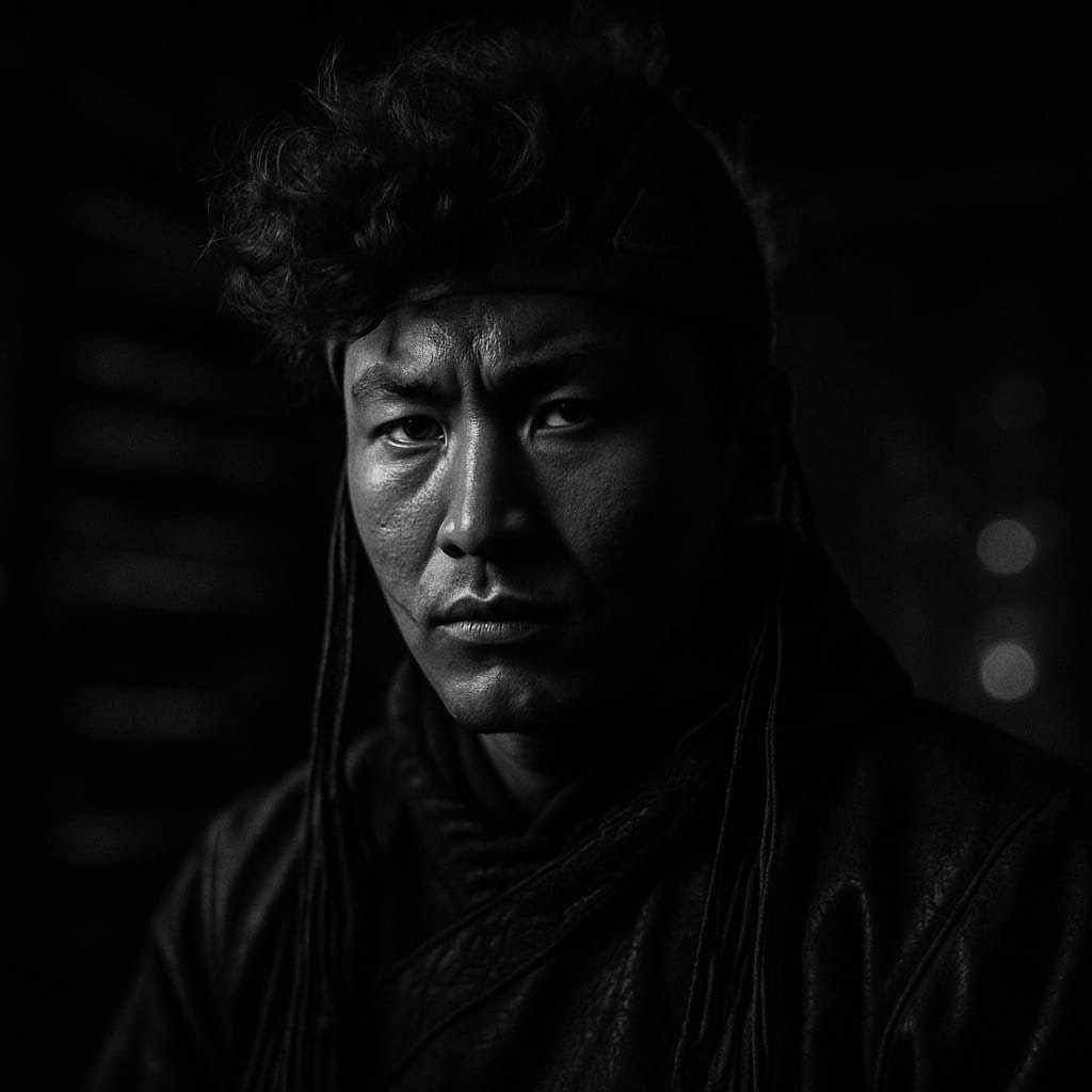 Monochrome portrait of a man in traditional Mongolian attire.