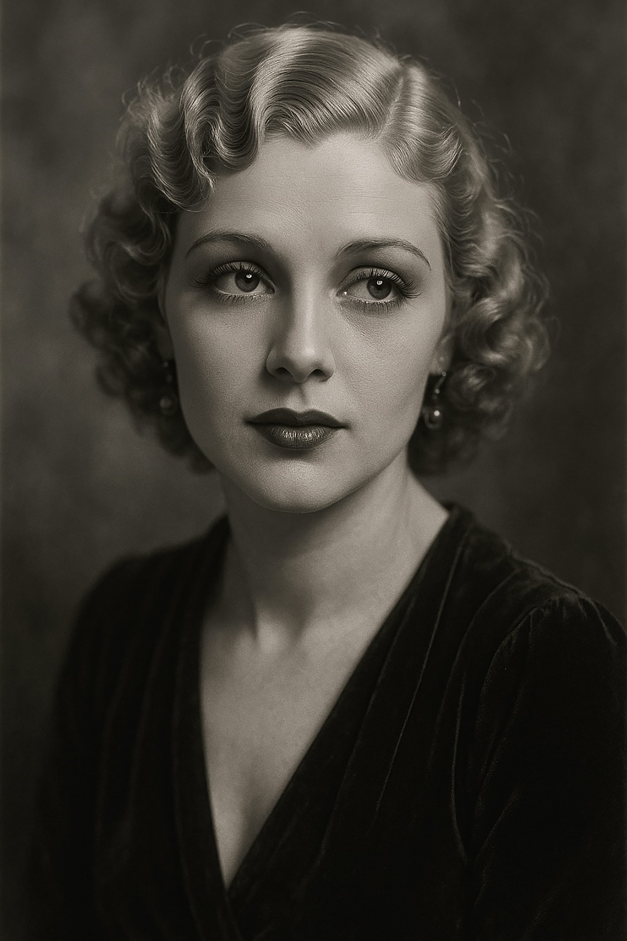 Portrait of a woman with wavy hairstyle and dark lipstick, wearing a dark dress. Black and white, vintage style.