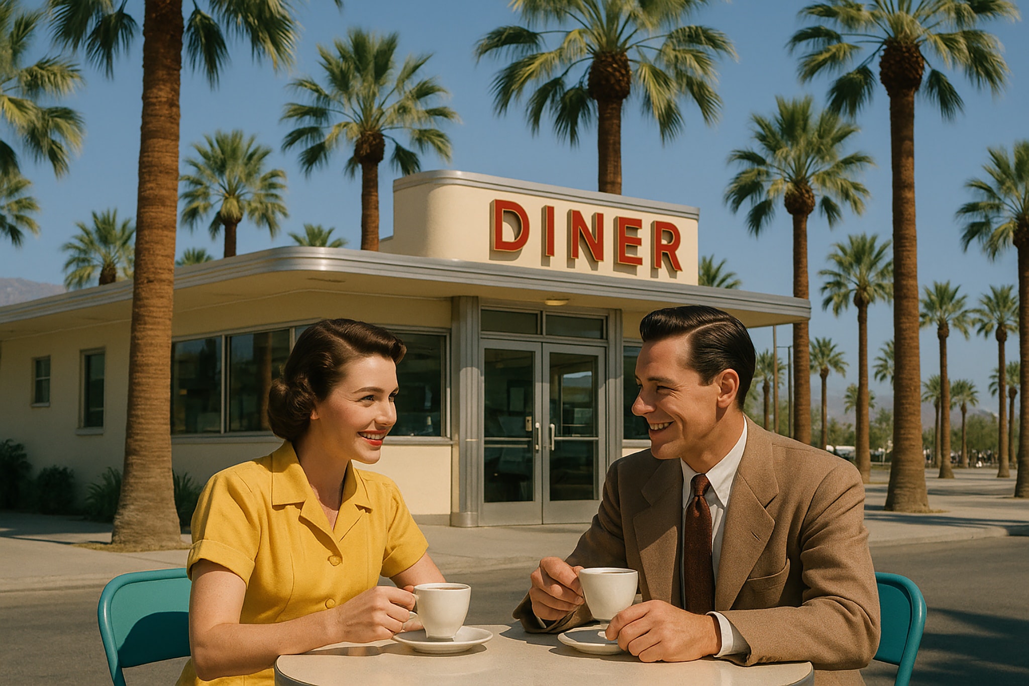 A retro couple sits at a table in front of a diner and palm trees, holding coffee cups and smiling at each other.