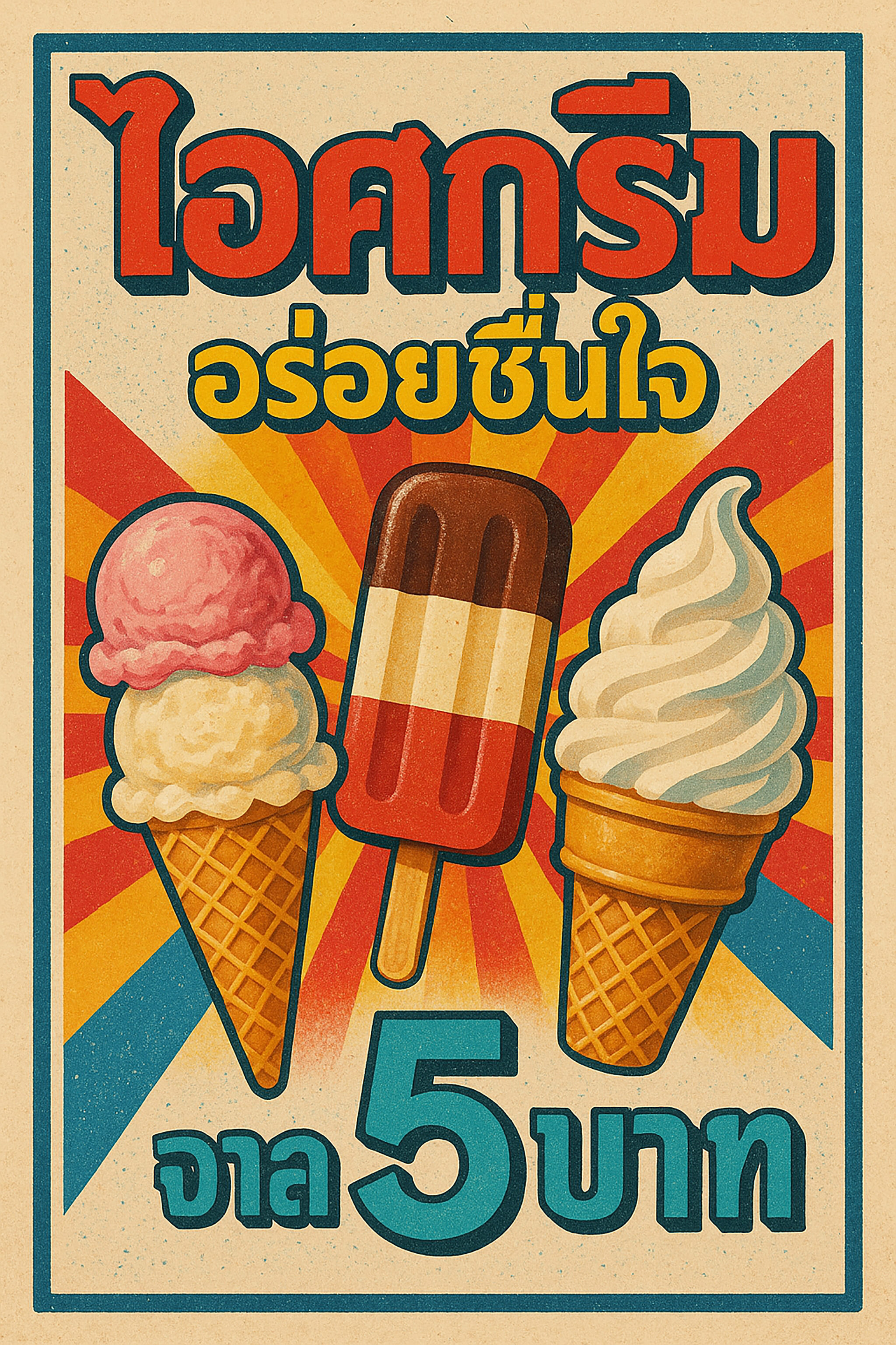 Retro-style poster for Thai ice cream. Features ice cream cones and a popsicle, with Thai text and the price '5 Baht'.
