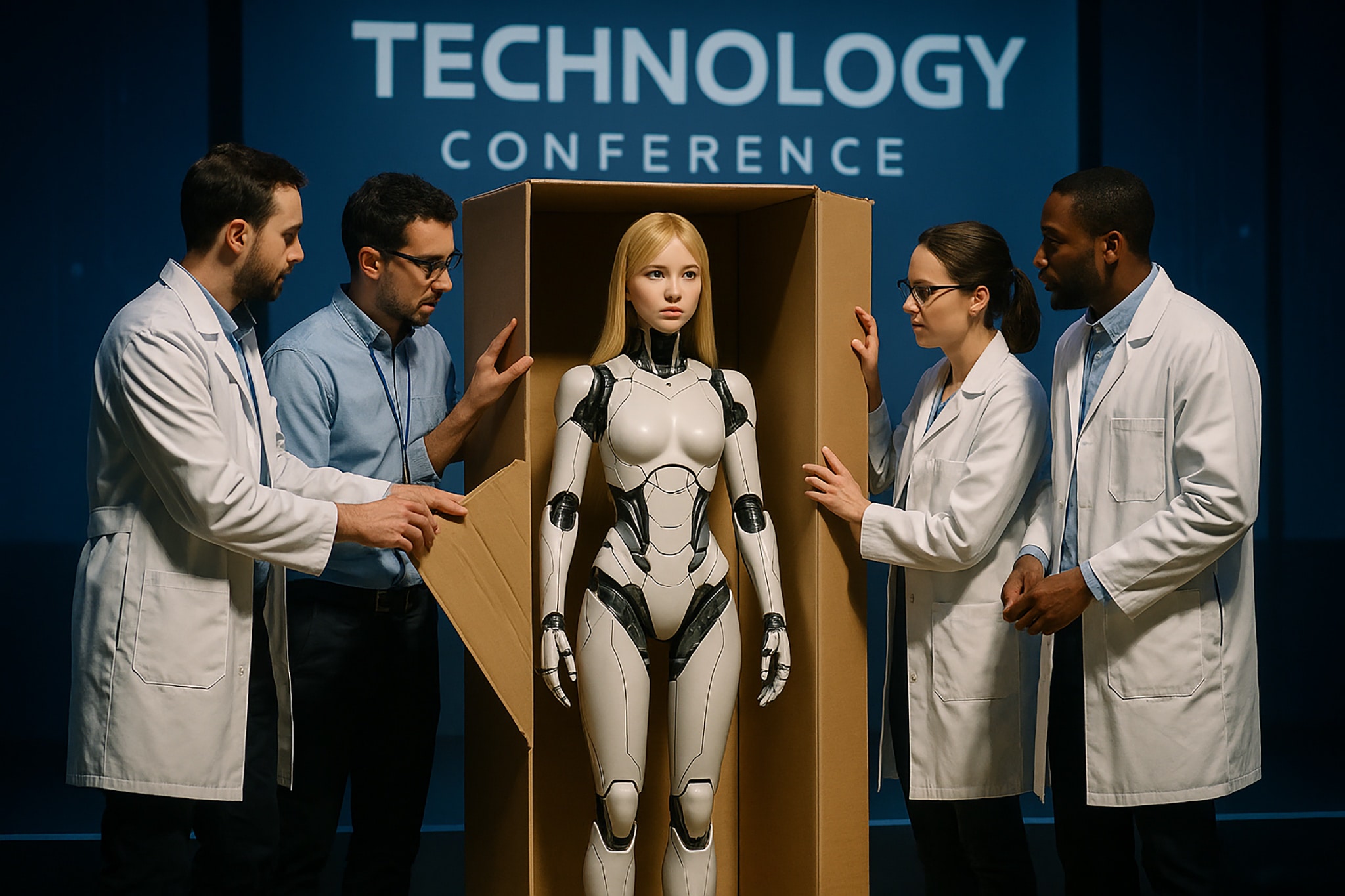 Four people in lab coats unveil a humanoid robot from a cardboard box at a technology conference. The robot has blonde hair.