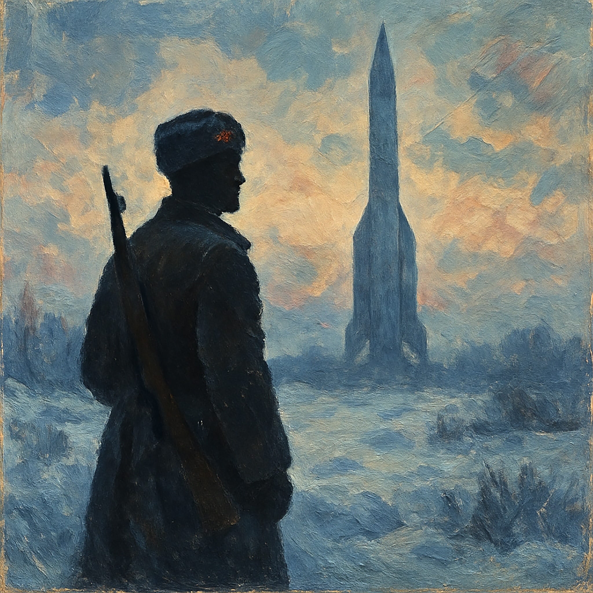 Painting of a soldier standing in a winter landscape with a rocket in the background.